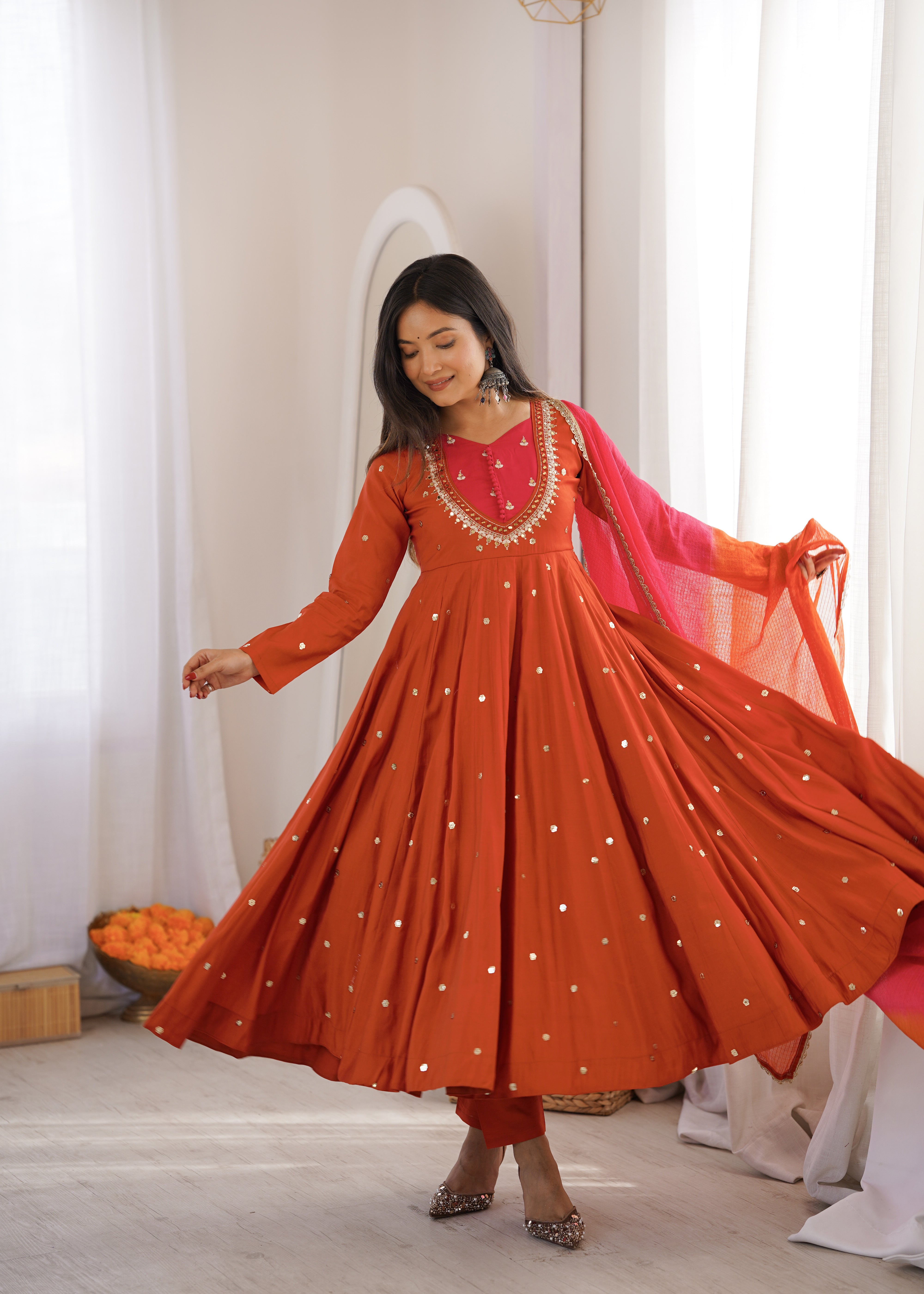 Rust Orange Roman Silk Anarkali Suit Set with Real Mirror Work & Pink Kota Dupatta | Ready to Wear