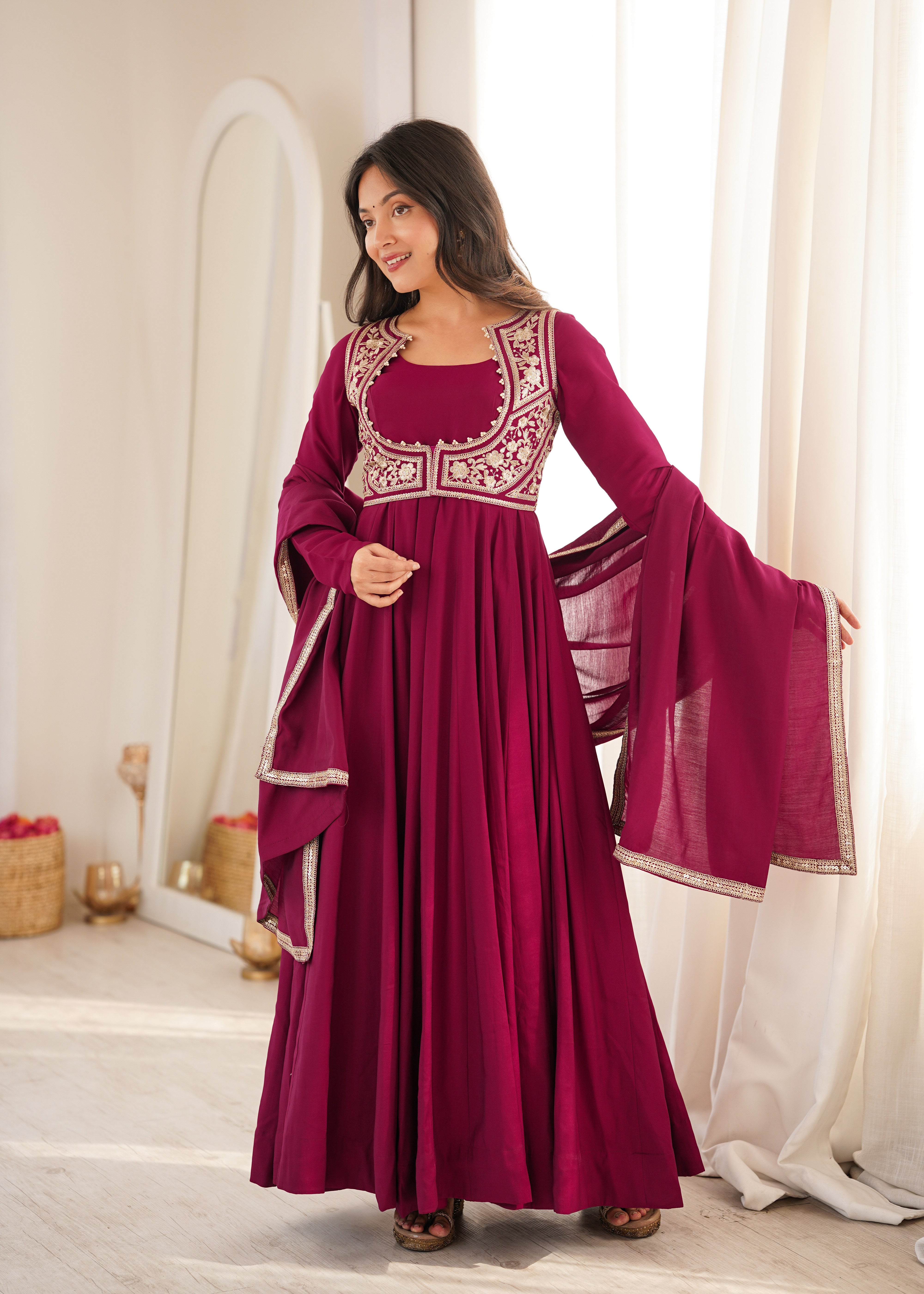 Wine Pure Roman Silk Chanderi 16 Kali Anarkali Gown Set with Embroidered Jacket, Dupatta & Pant