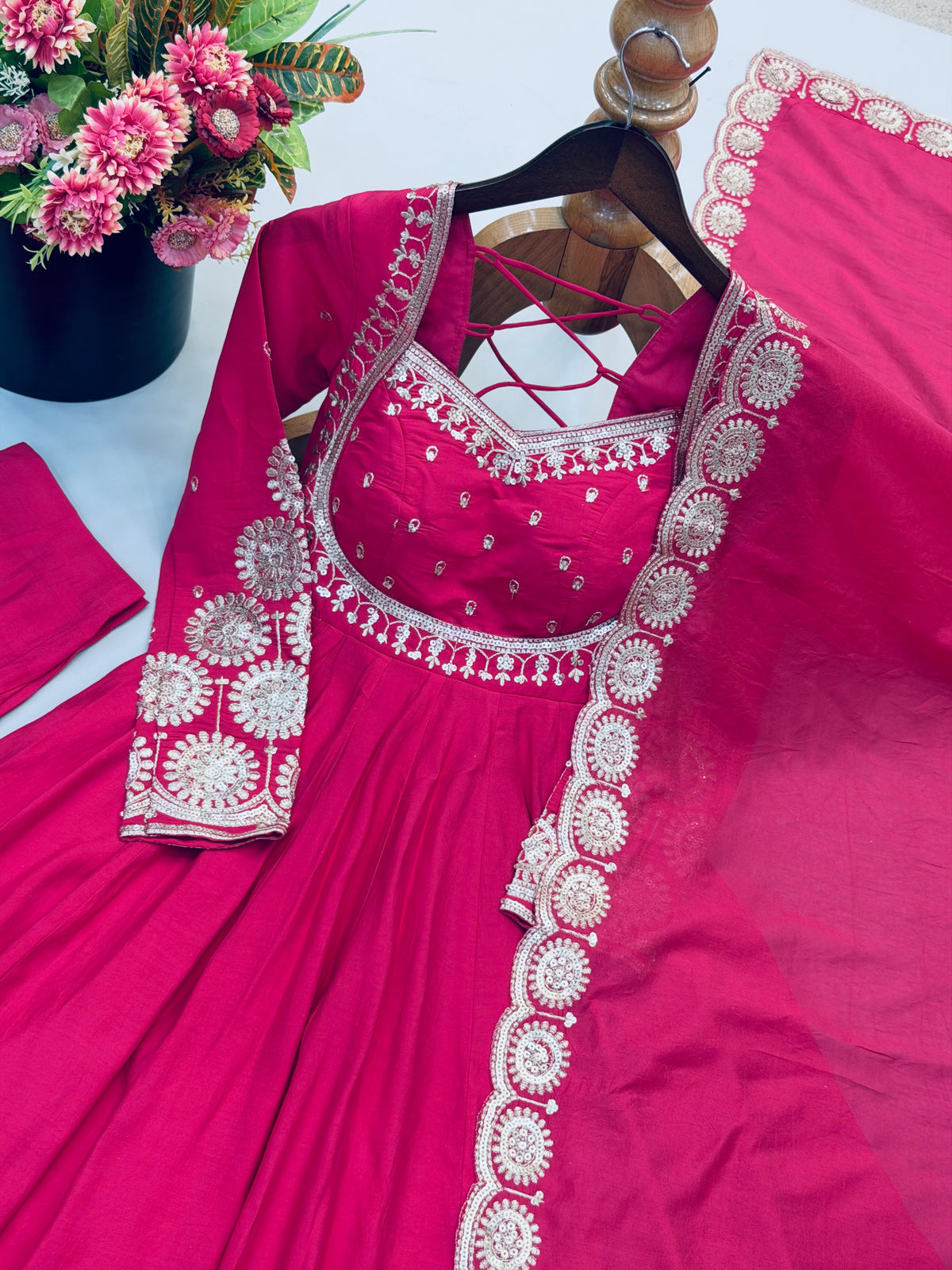 Hot Pink Roman Silk Embroidered Anarkali Gown Set with Chanderi Dupatta