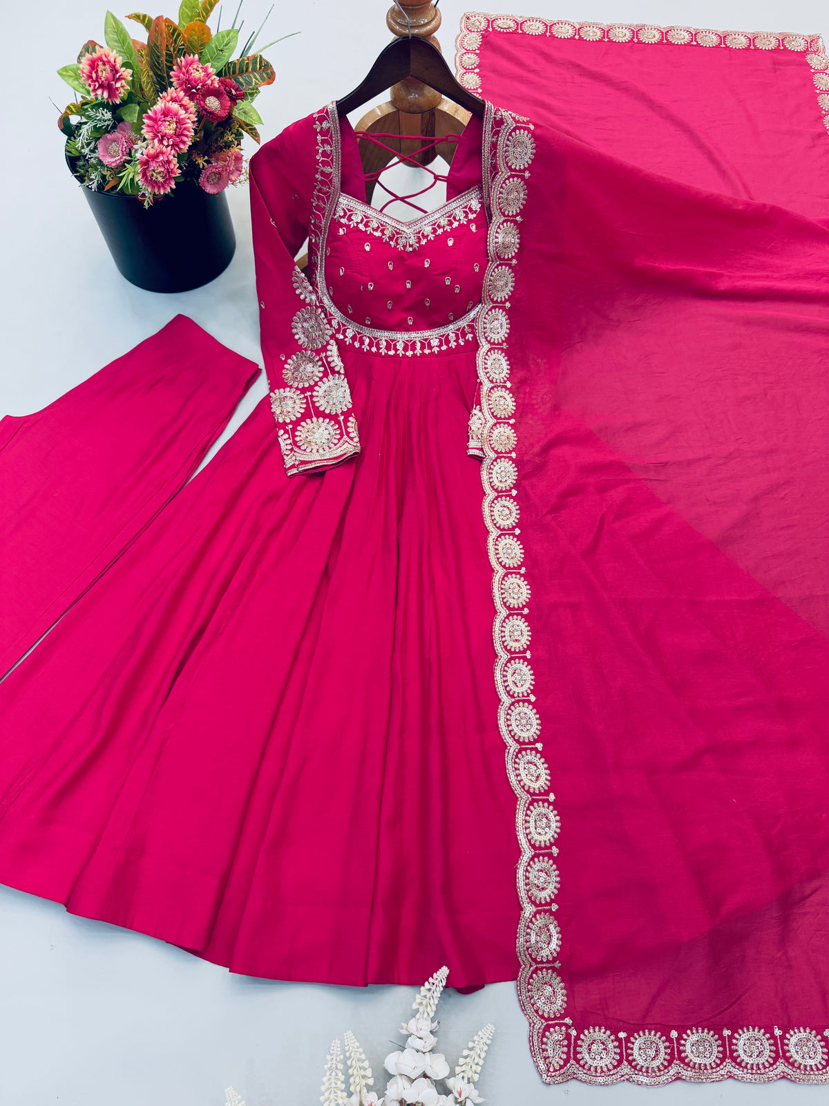 Hot Pink Roman Silk Embroidered Anarkali Gown Set with Chanderi Dupatta