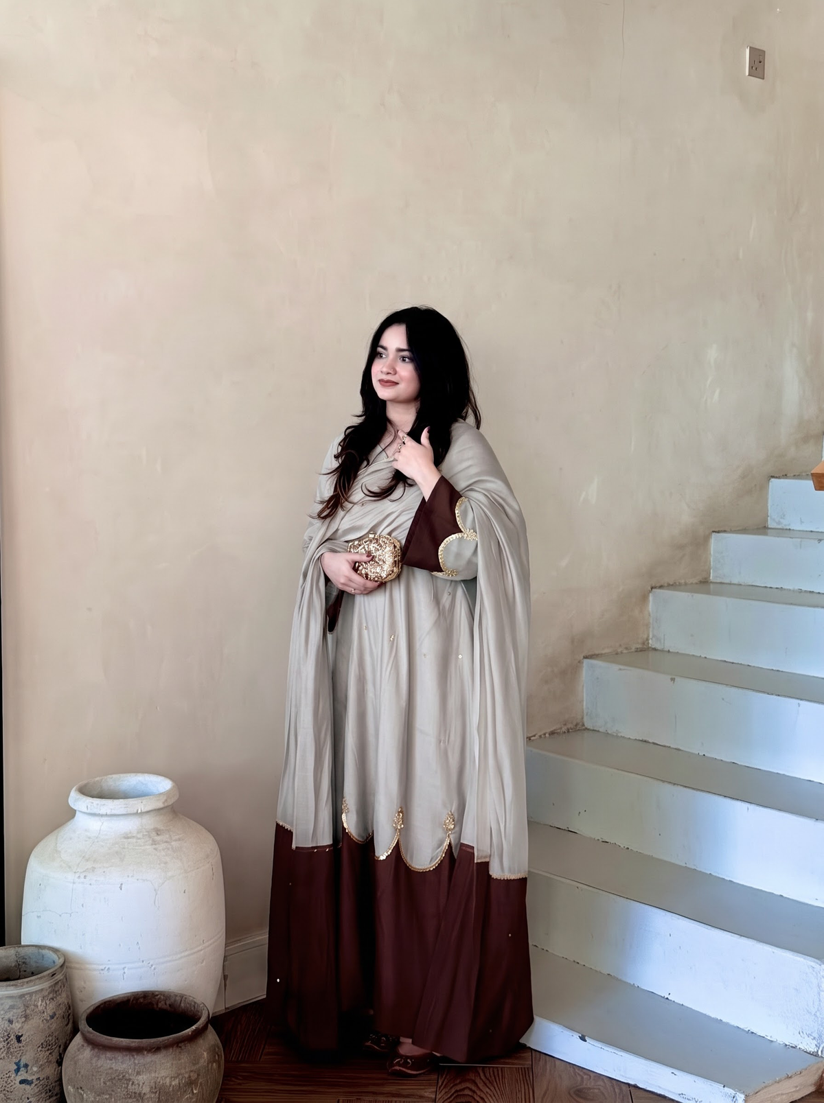 Beige & Maroon Roman Silk Embroidered Kaftan Palazzo Set with Dupatta