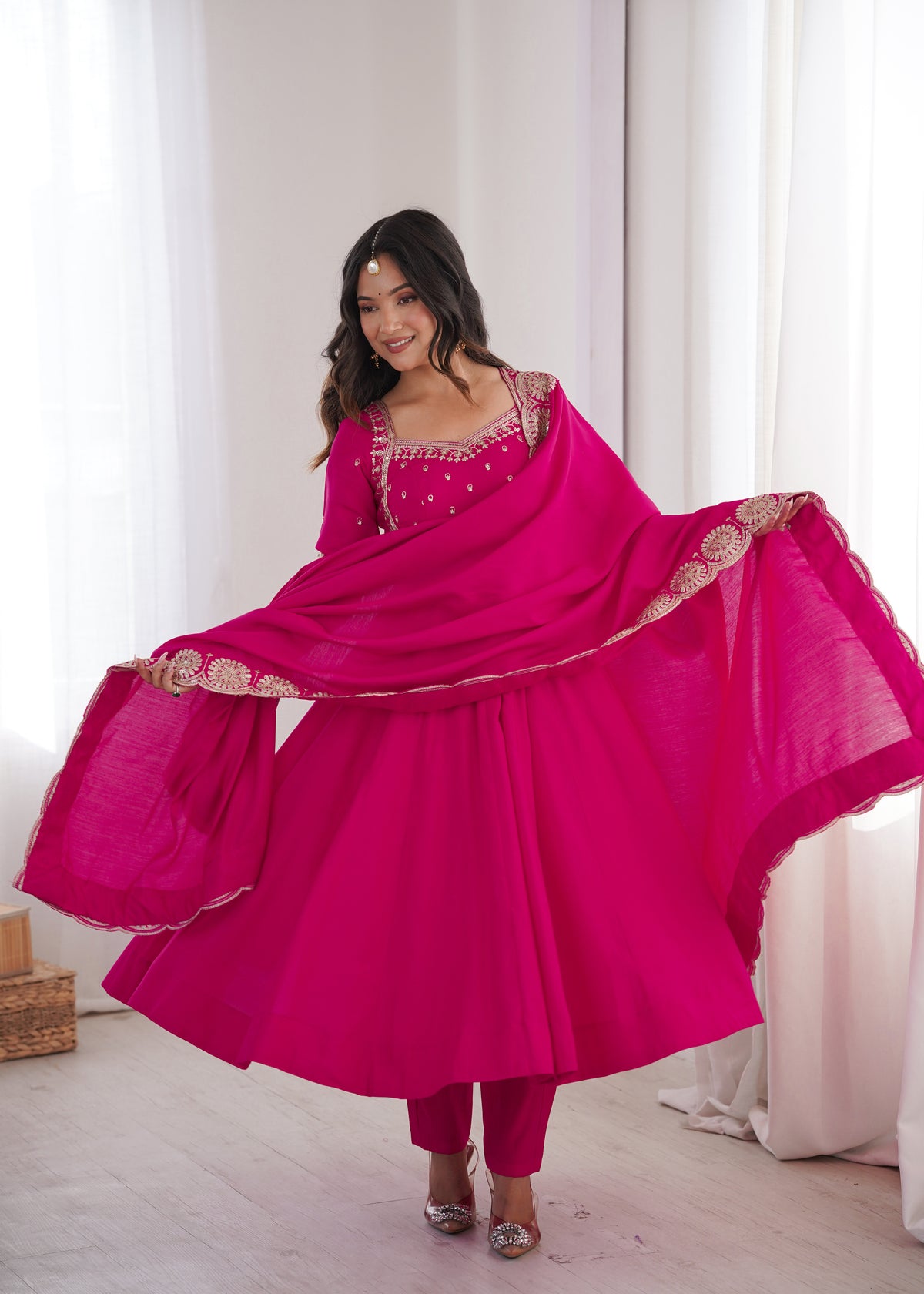 Hot Pink Roman Silk Embroidered Anarkali Gown Set with Chanderi Dupatta