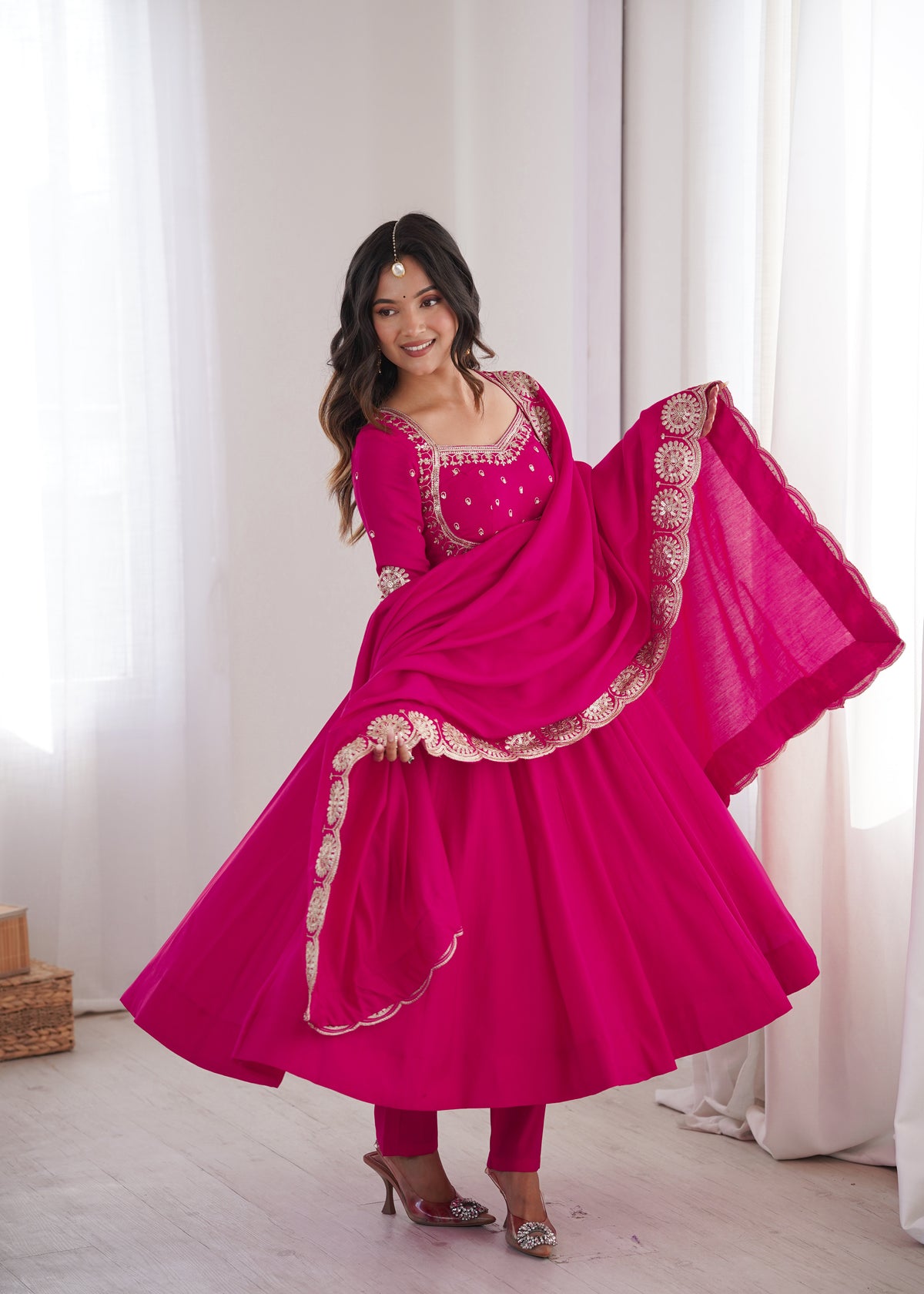 Hot Pink Roman Silk Embroidered Anarkali Gown Set with Chanderi Dupatta