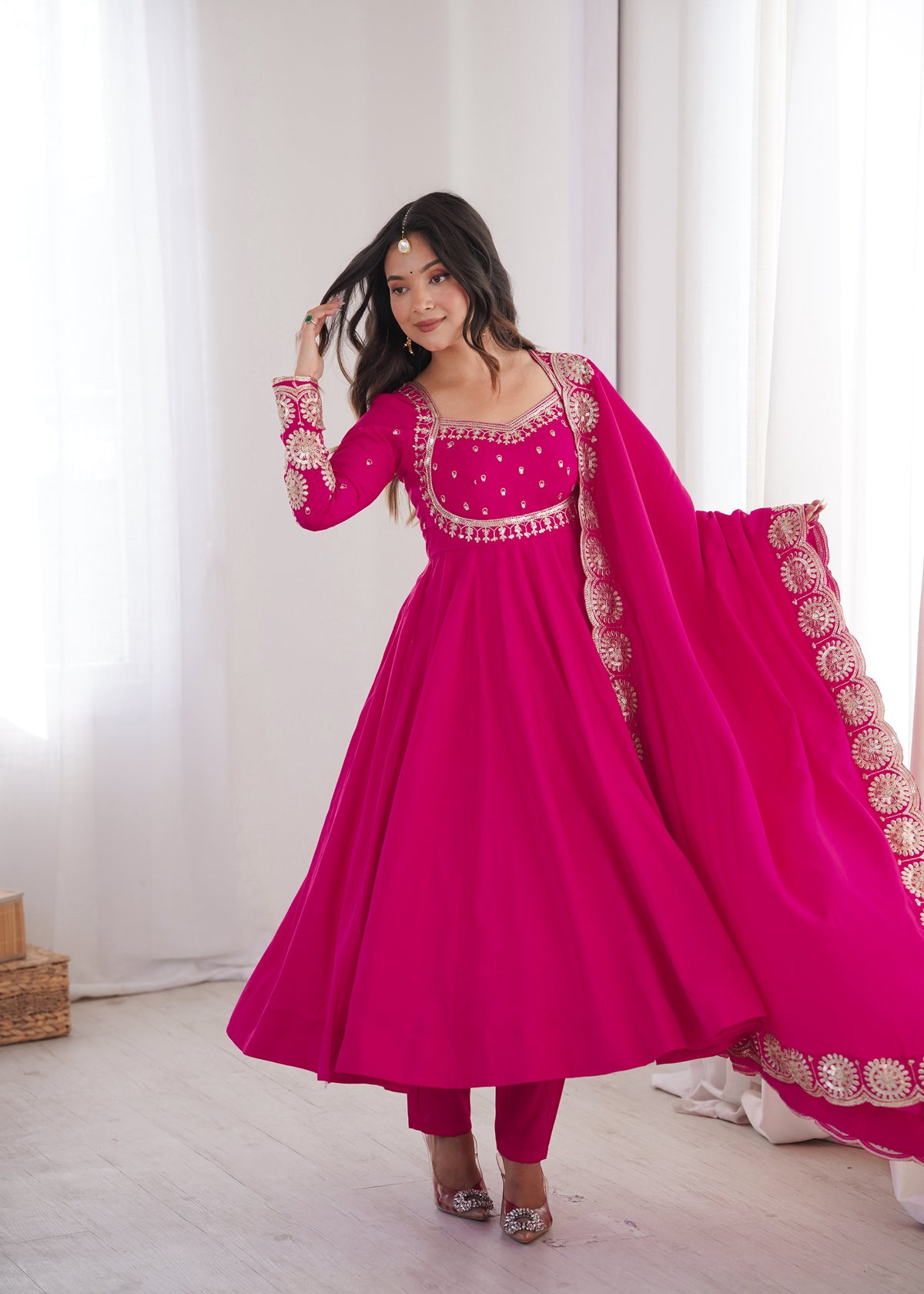 Hot Pink Roman Silk Embroidered Anarkali Gown Set with Chanderi Dupatta