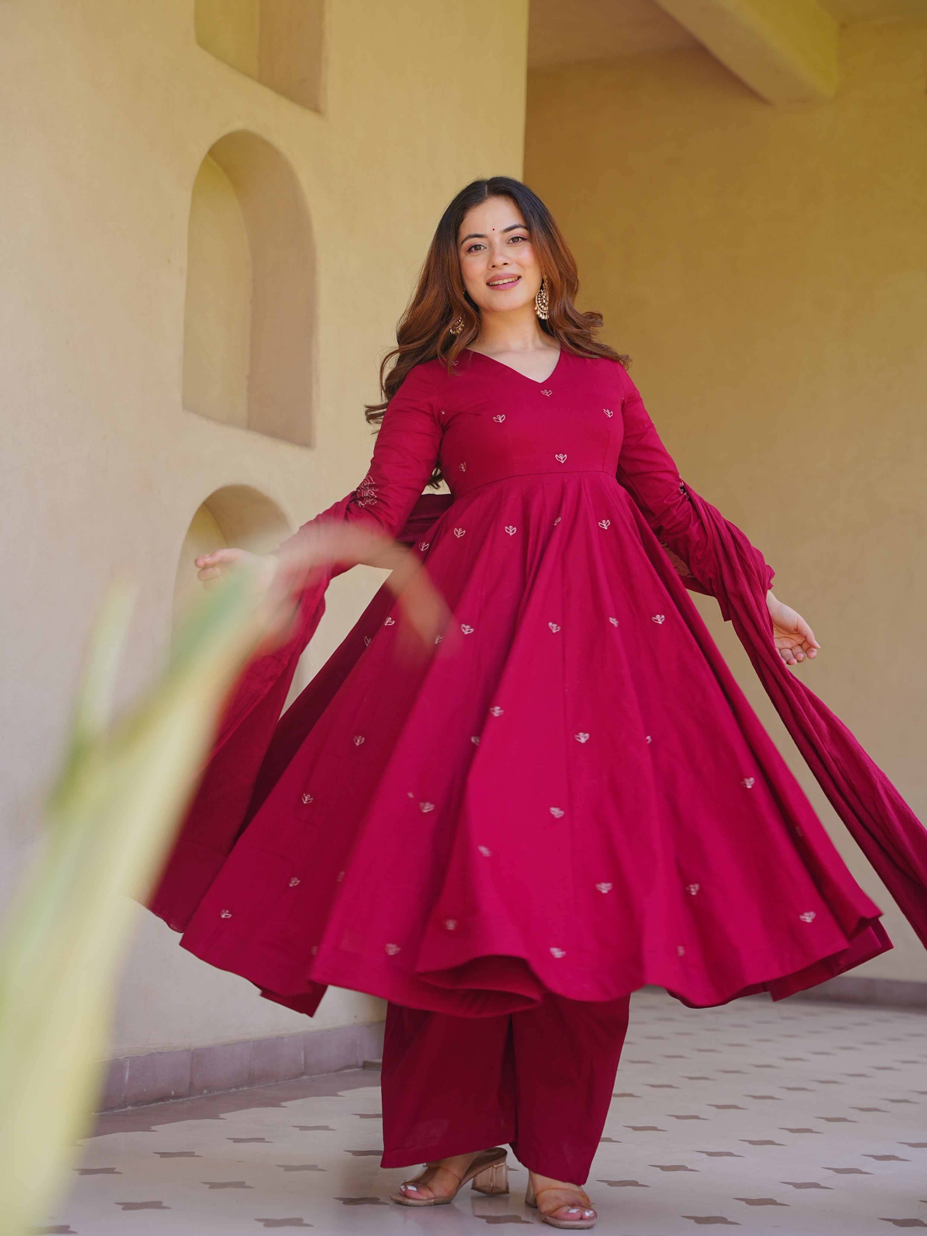 Rani Pink Roman Silk Embroidered Anarkali Suit Set with Chanderi Dupatta