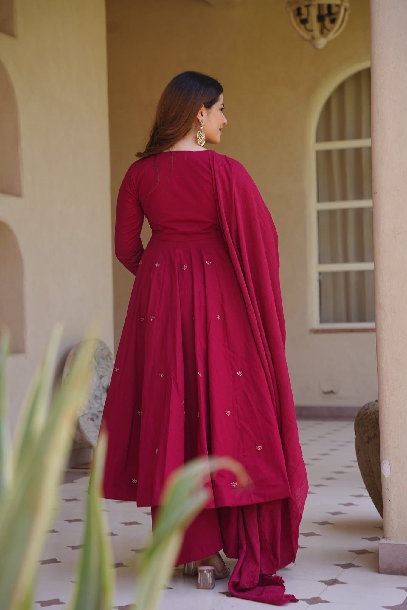 Rani Pink Roman Silk Embroidered Anarkali Suit Set with Chanderi Dupatta