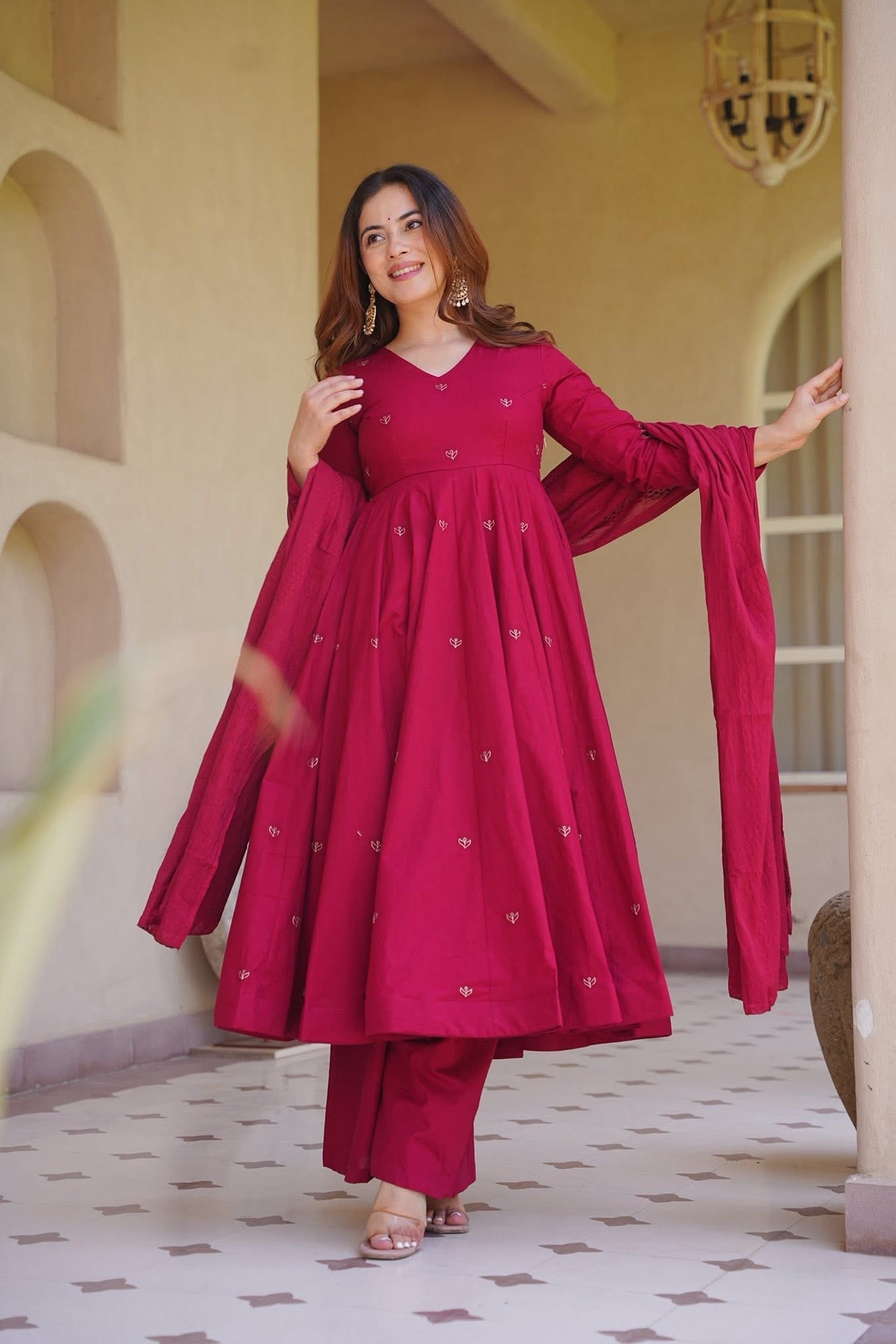 Rani Pink Roman Silk Embroidered Anarkali Suit Set with Chanderi Dupatta
