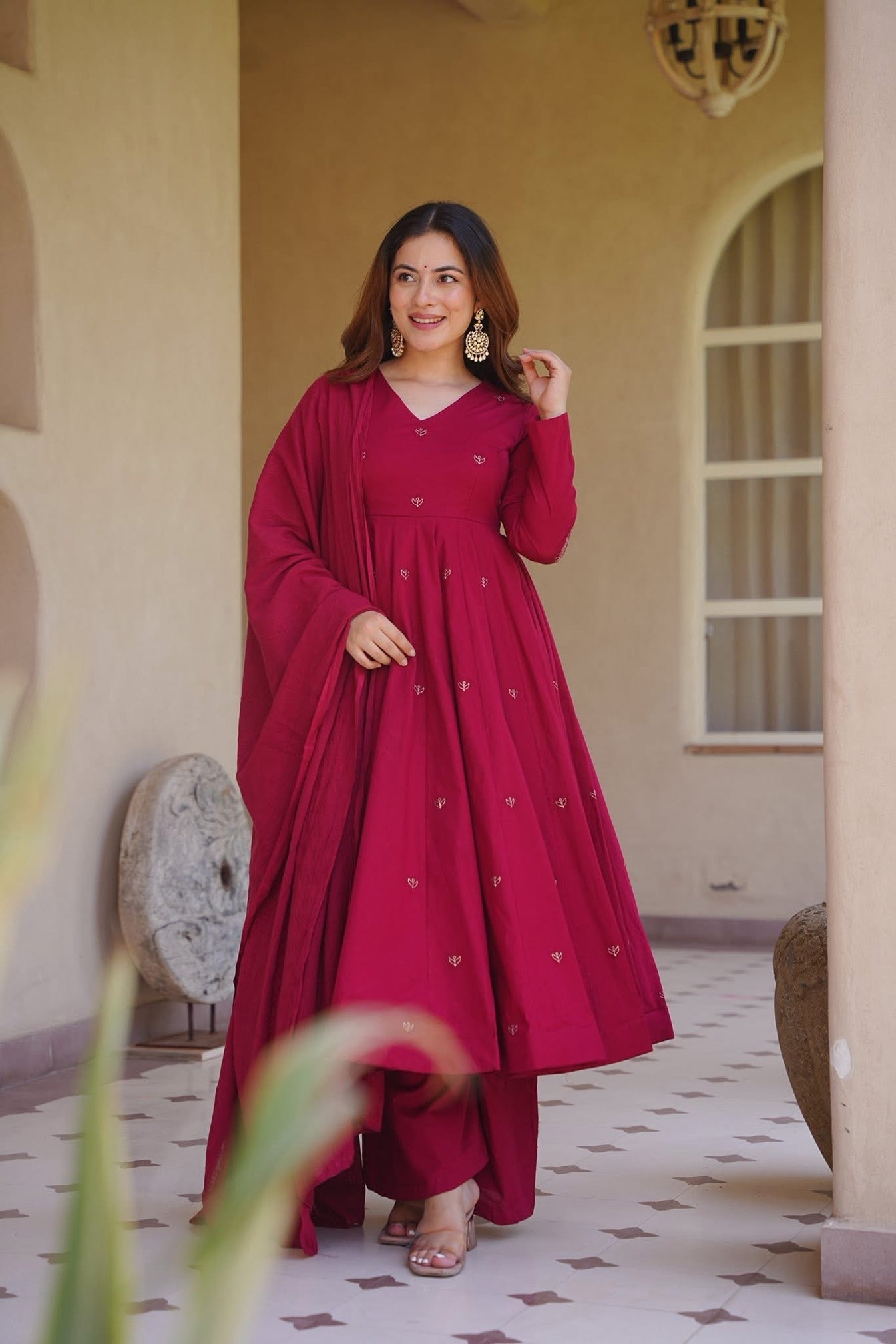 Rani Pink Roman Silk Embroidered Anarkali Suit Set with Chanderi Dupatta