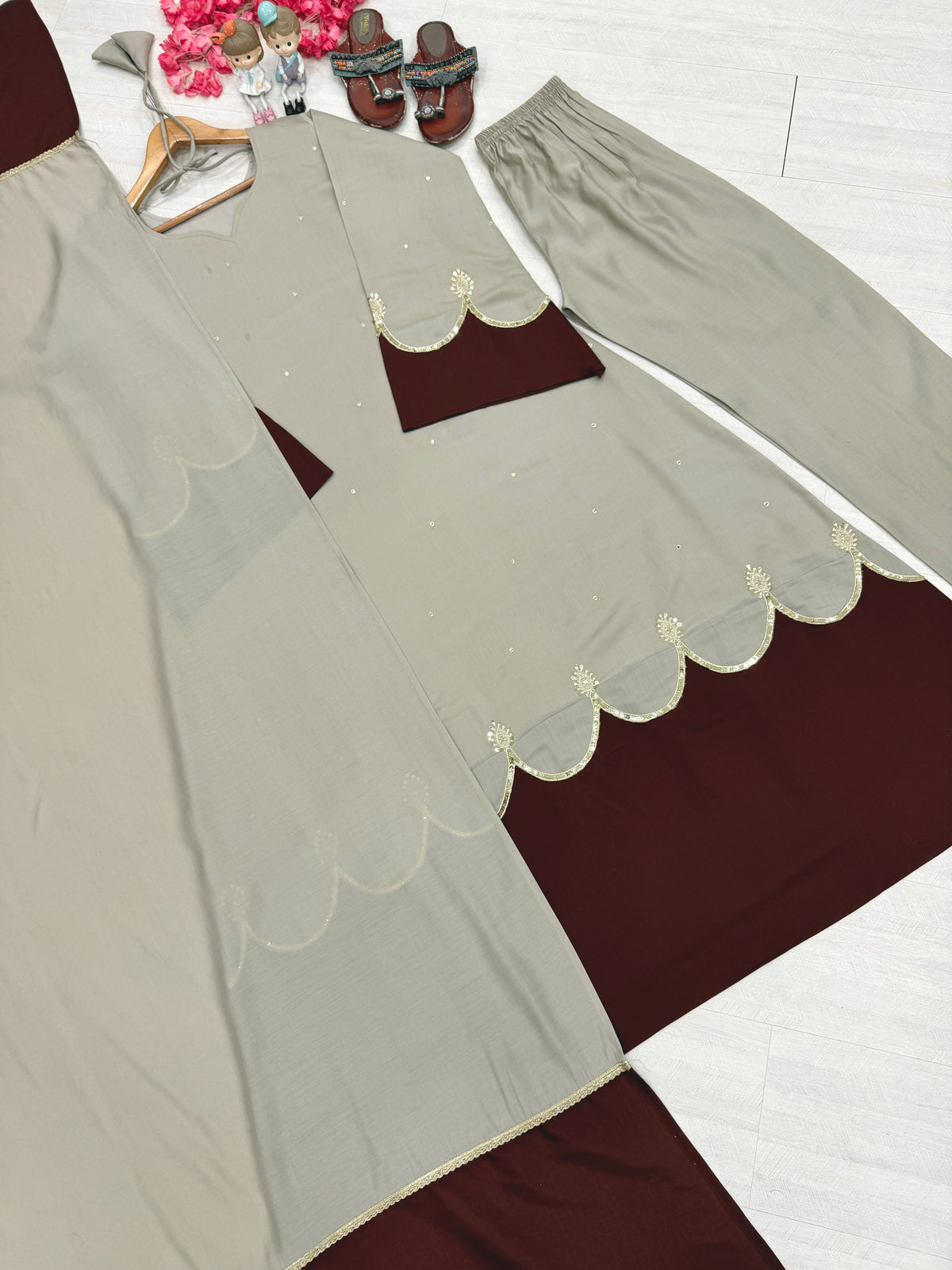 Beige & Maroon Roman Silk Embroidered Kaftan Palazzo Set with Dupatta
