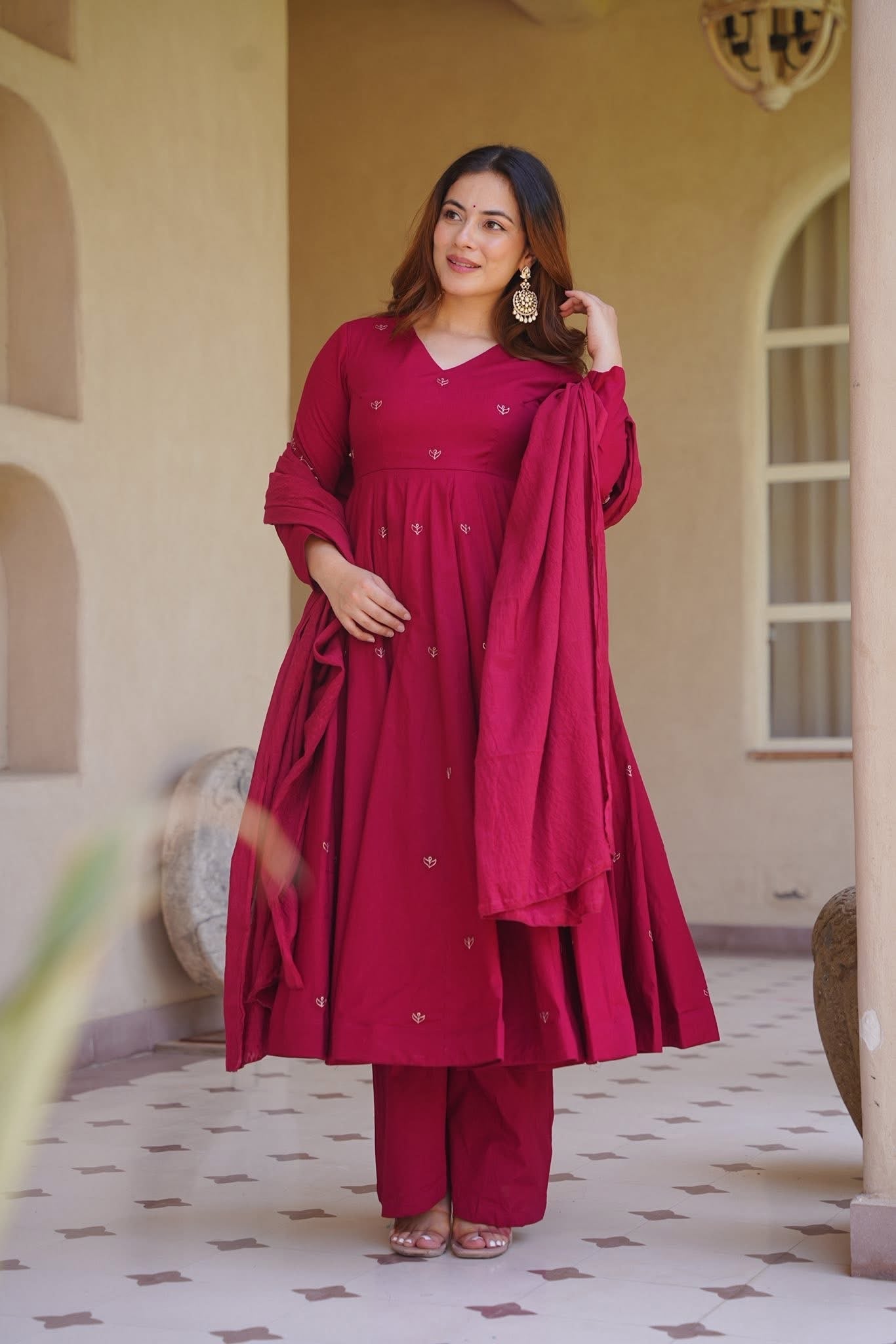 Rani Pink Roman Silk Embroidered Anarkali Suit Set with Chanderi Dupatta