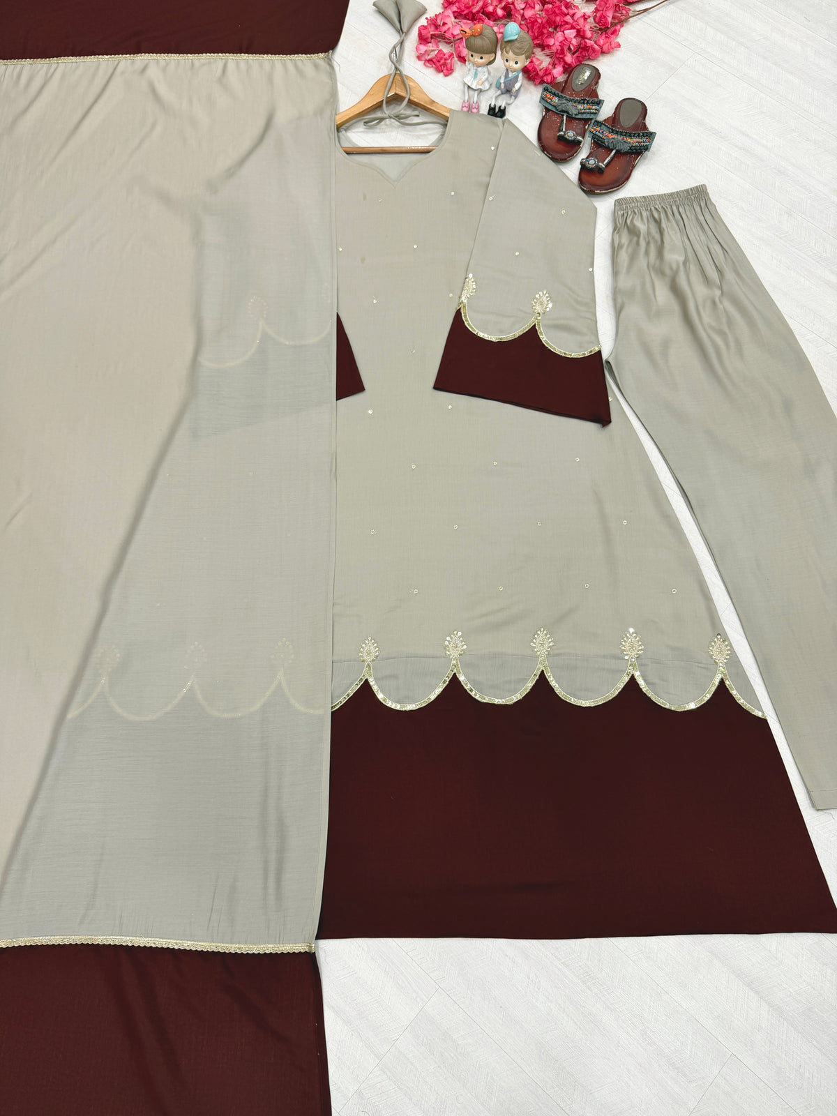 Beige & Maroon Roman Silk Embroidered Kaftan Palazzo Set with Dupatta