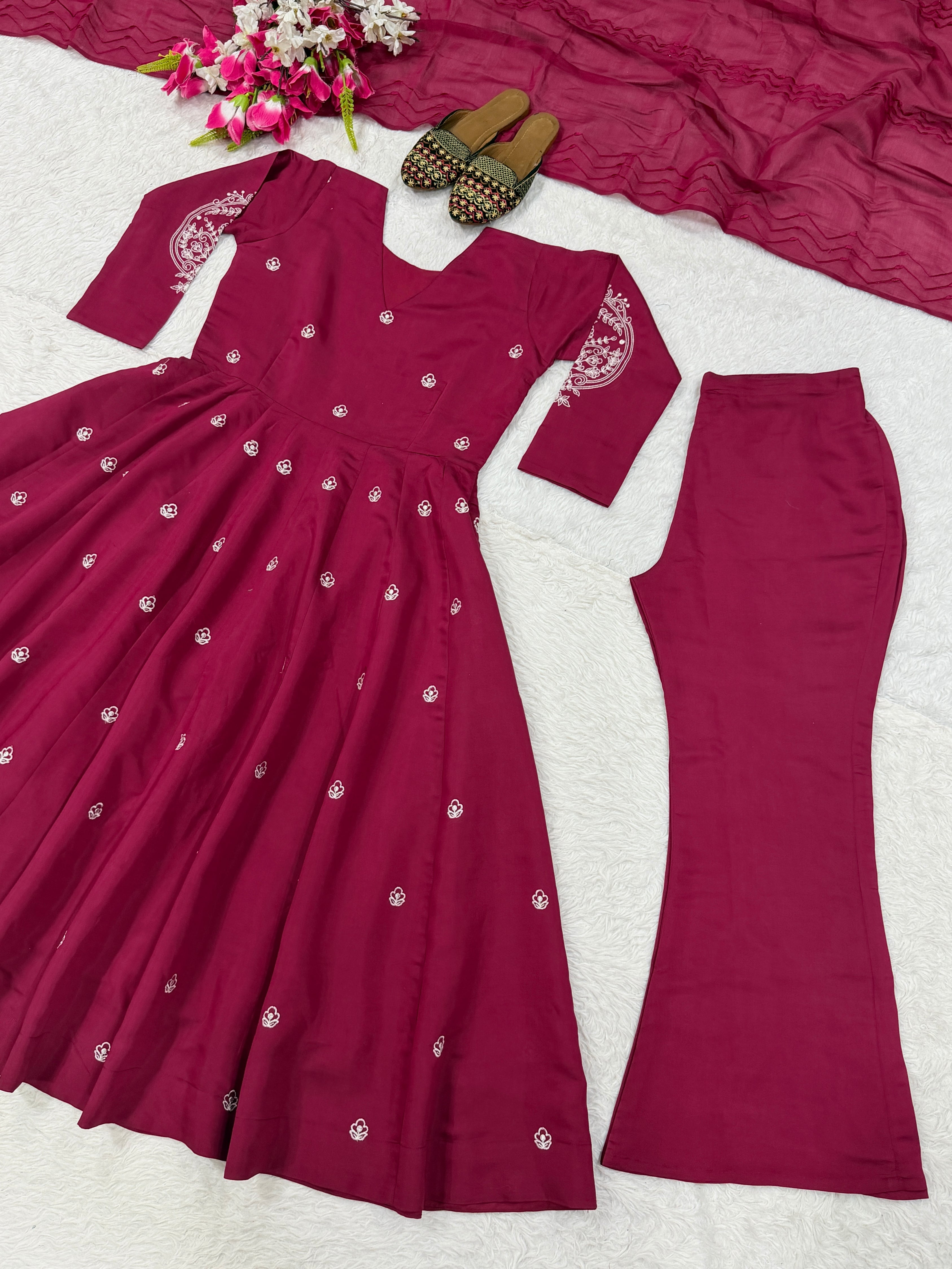 Rani Pink Roman Silk Embroidered Anarkali Suit Set with Chanderi Dupatta