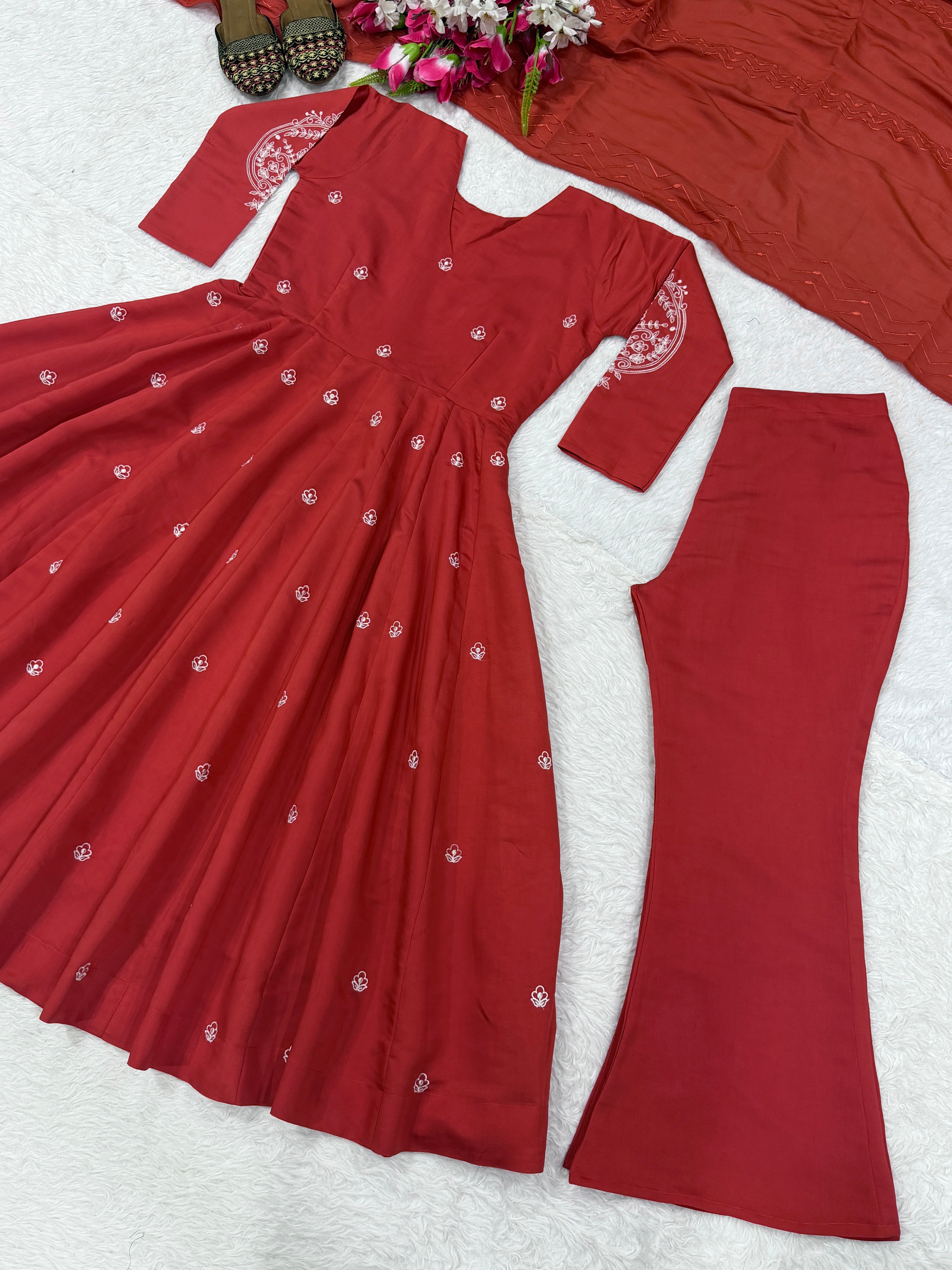 Tomato Red Roman Silk Embroidered Anarkali Suit Set with Chanderi Dupatta