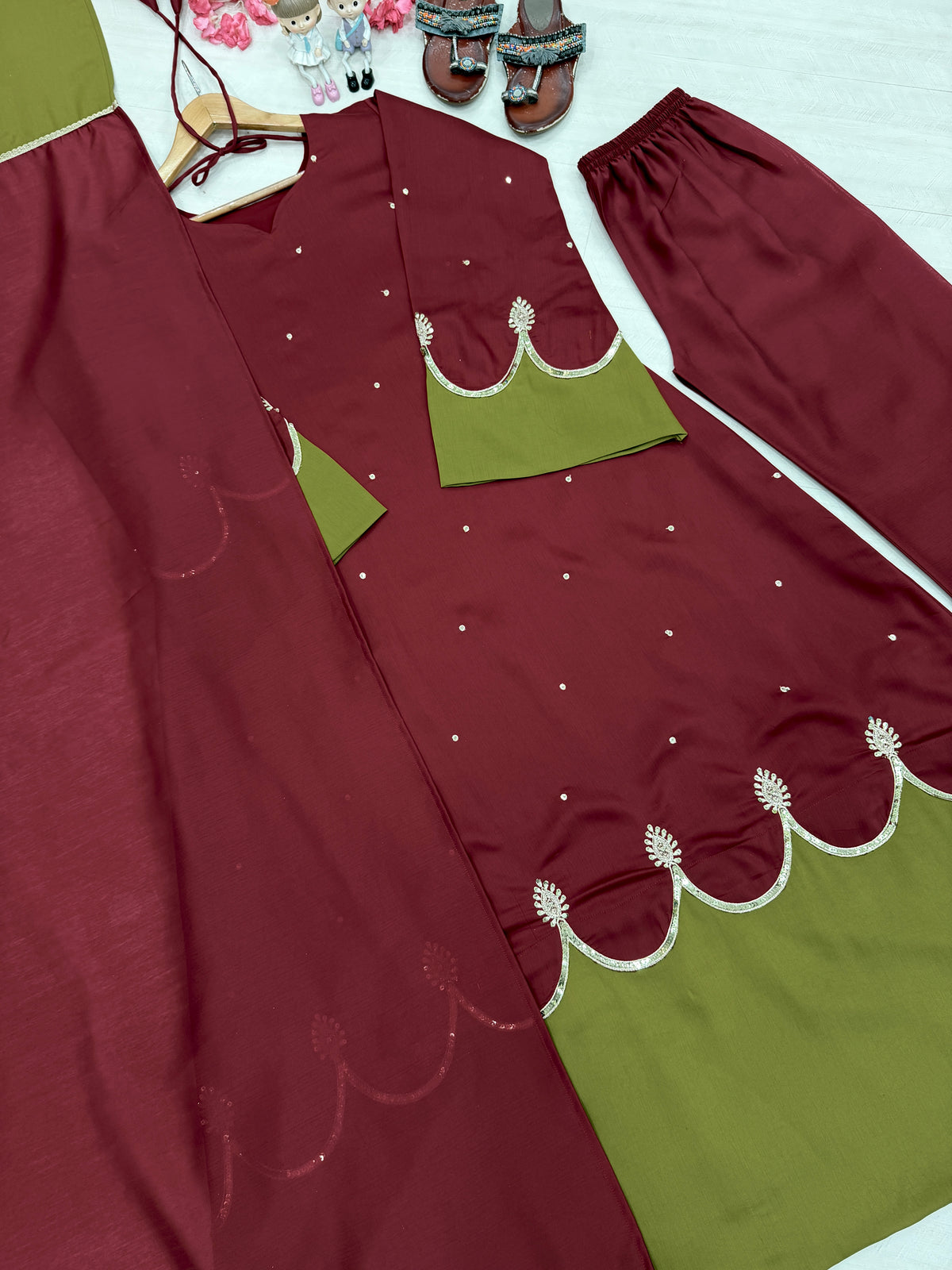 Maroon & Olive Green Roman Silk Embroidered Kaftan Palazzo Set with Dupatta