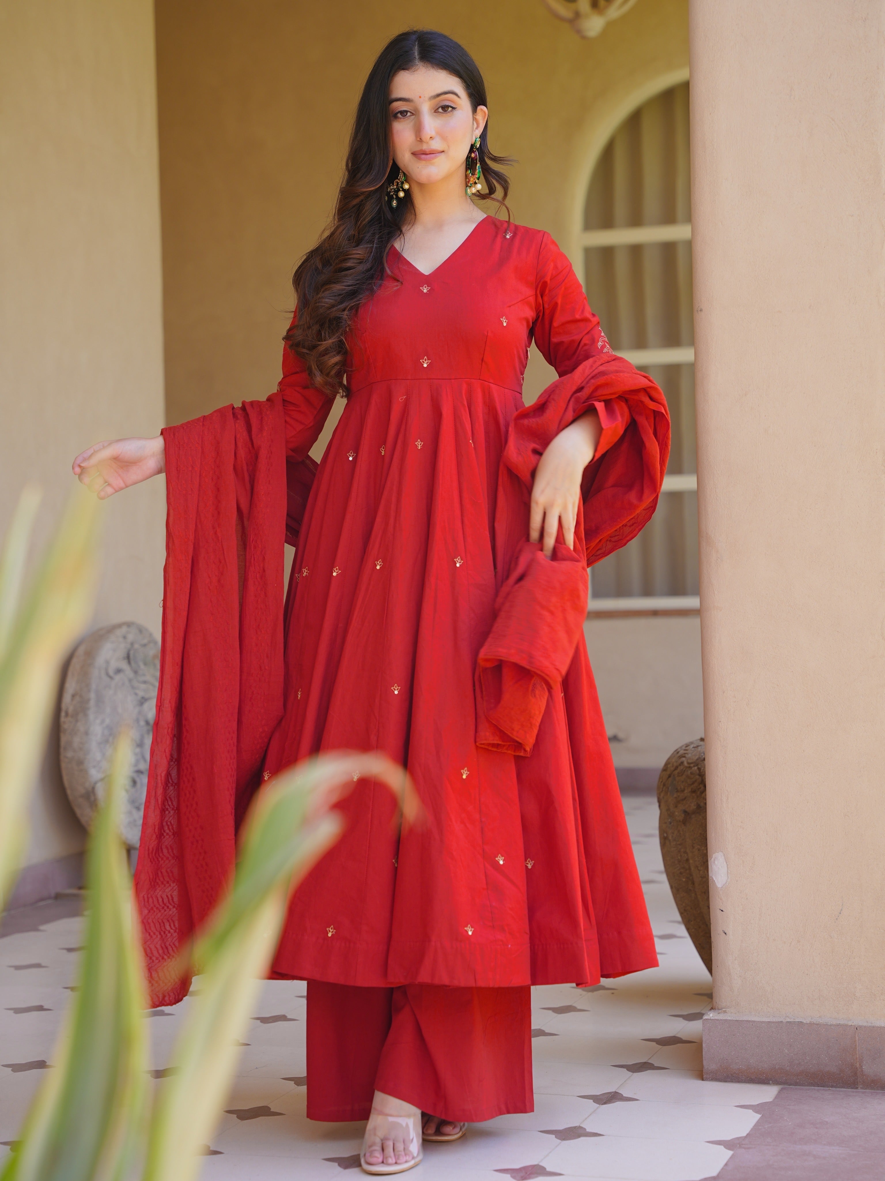 Tomato Red Roman Silk Embroidered Anarkali Suit Set with Chanderi Dupatta