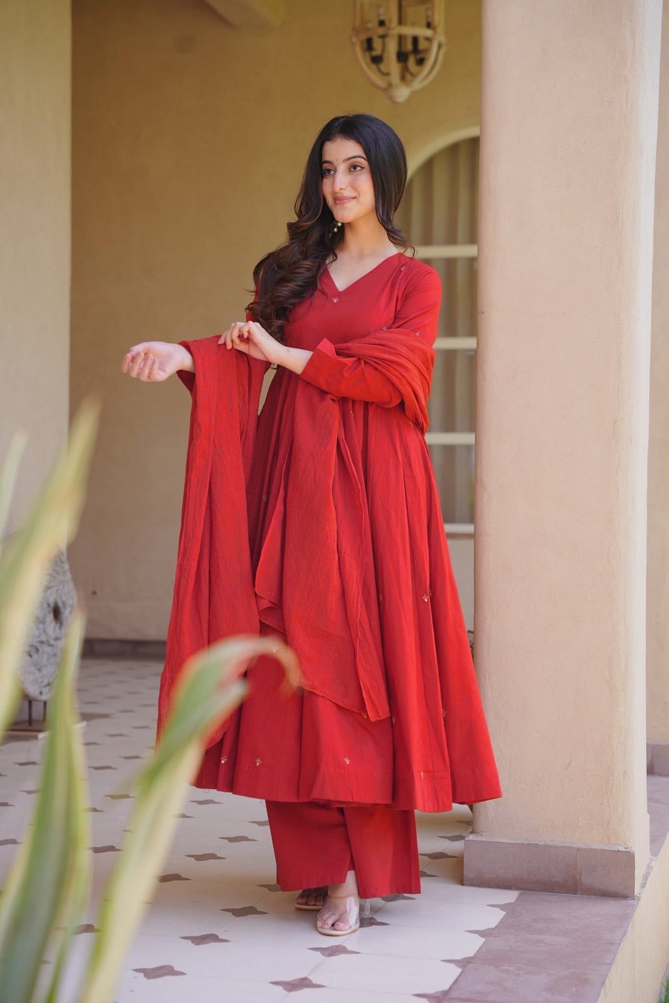 Tomato Red Roman Silk Embroidered Anarkali Suit Set with Chanderi Dupatta