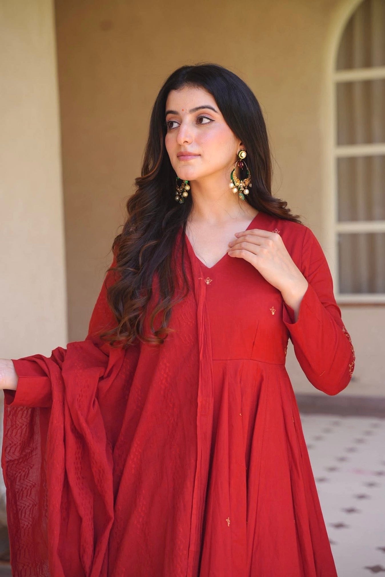 Tomato Red Roman Silk Embroidered Anarkali Suit Set with Chanderi Dupatta