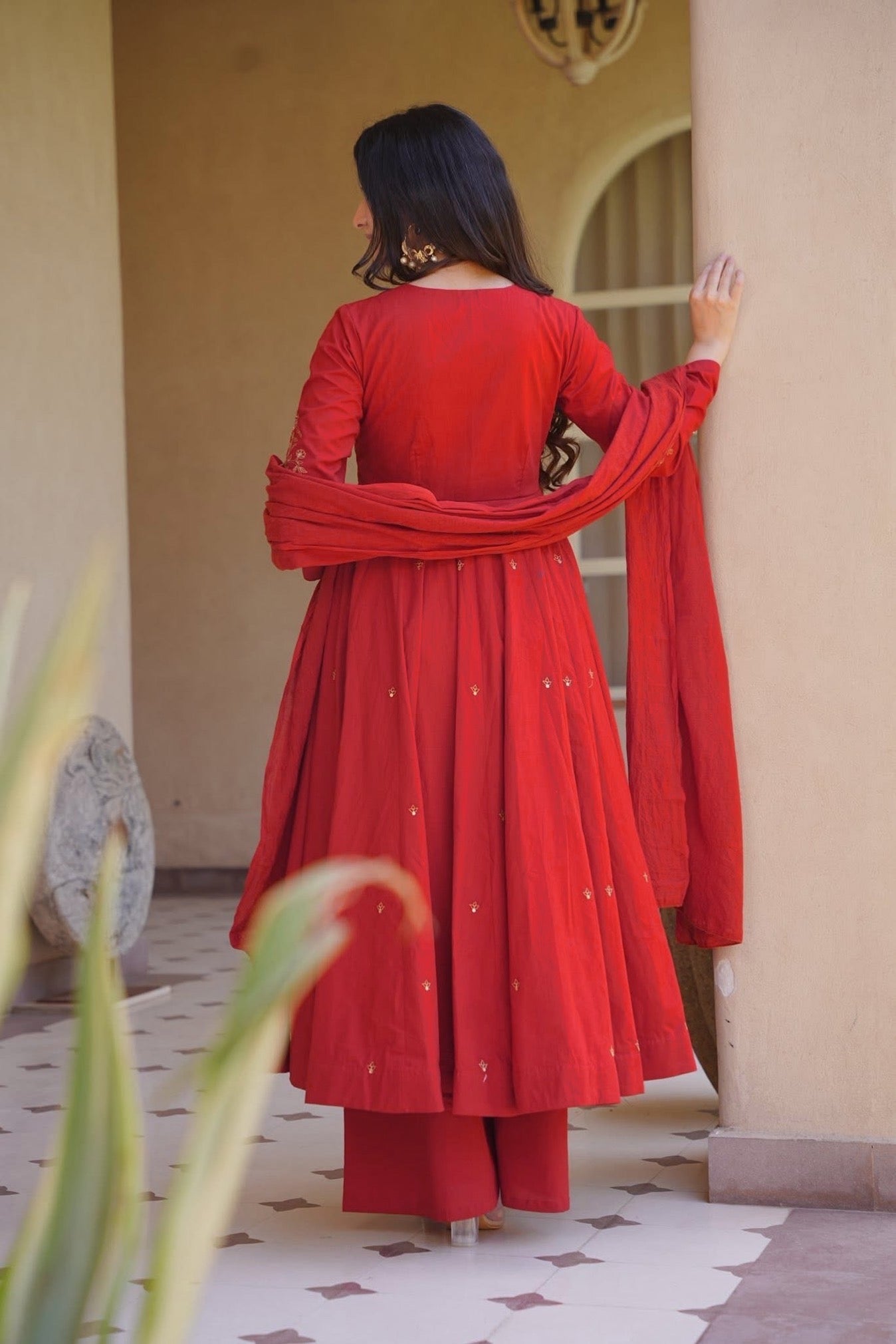 Tomato Red Roman Silk Embroidered Anarkali Suit Set with Chanderi Dupatta