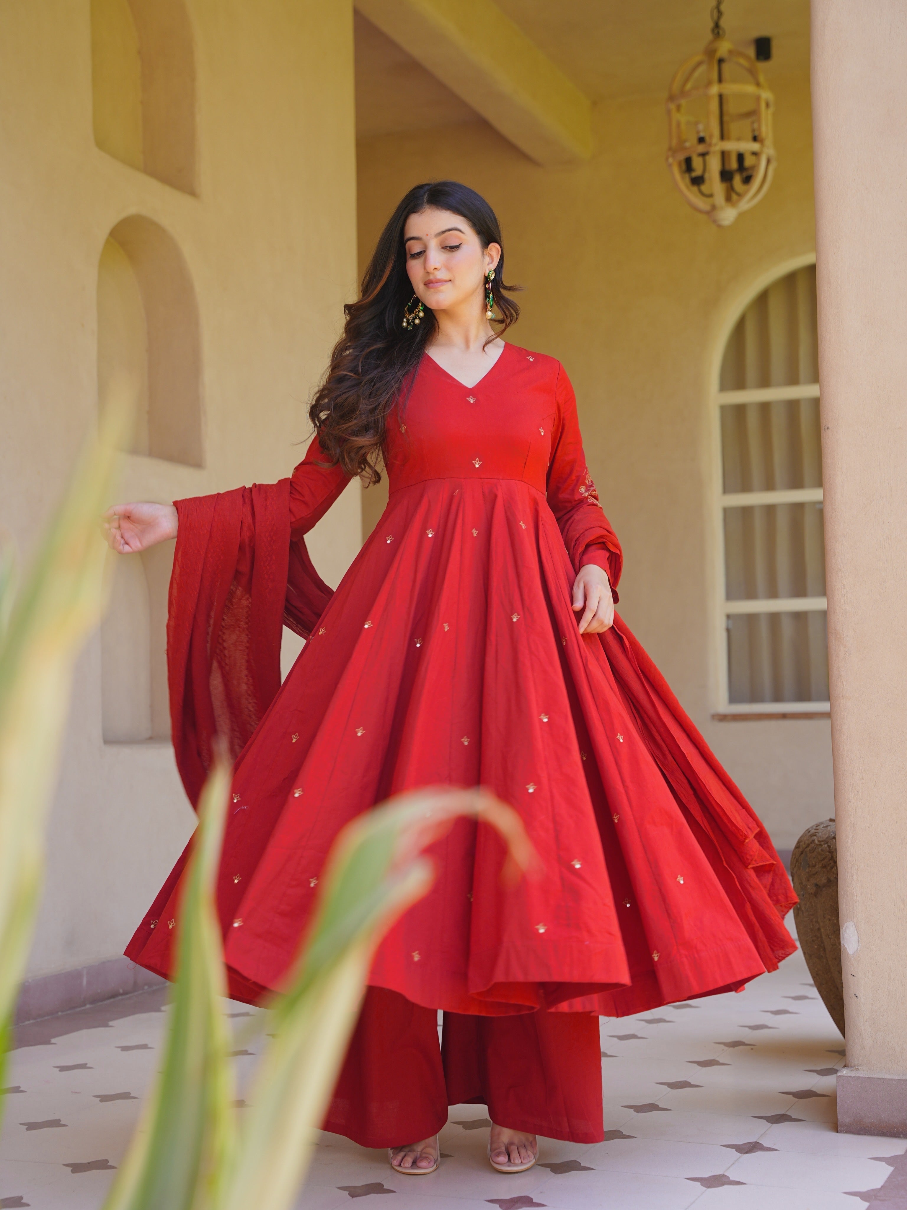 Tomato Red Roman Silk Embroidered Anarkali Suit Set with Chanderi Dupatta
