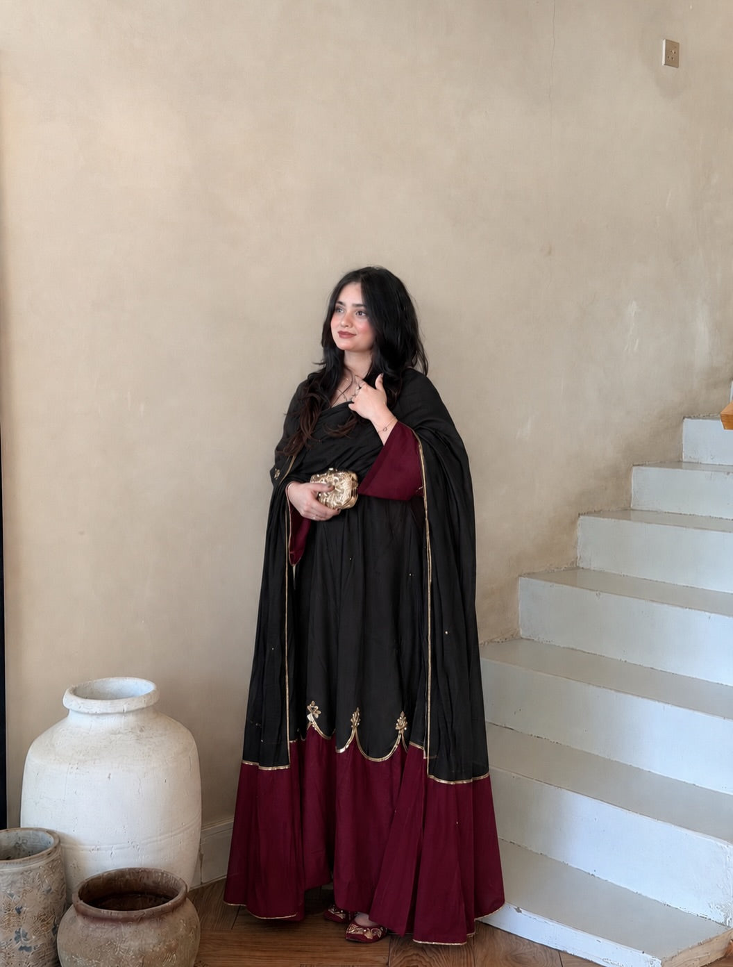 Black & Wine Maroon Roman Silk Embroidered Kaftan Palazzo Set with Dupatta