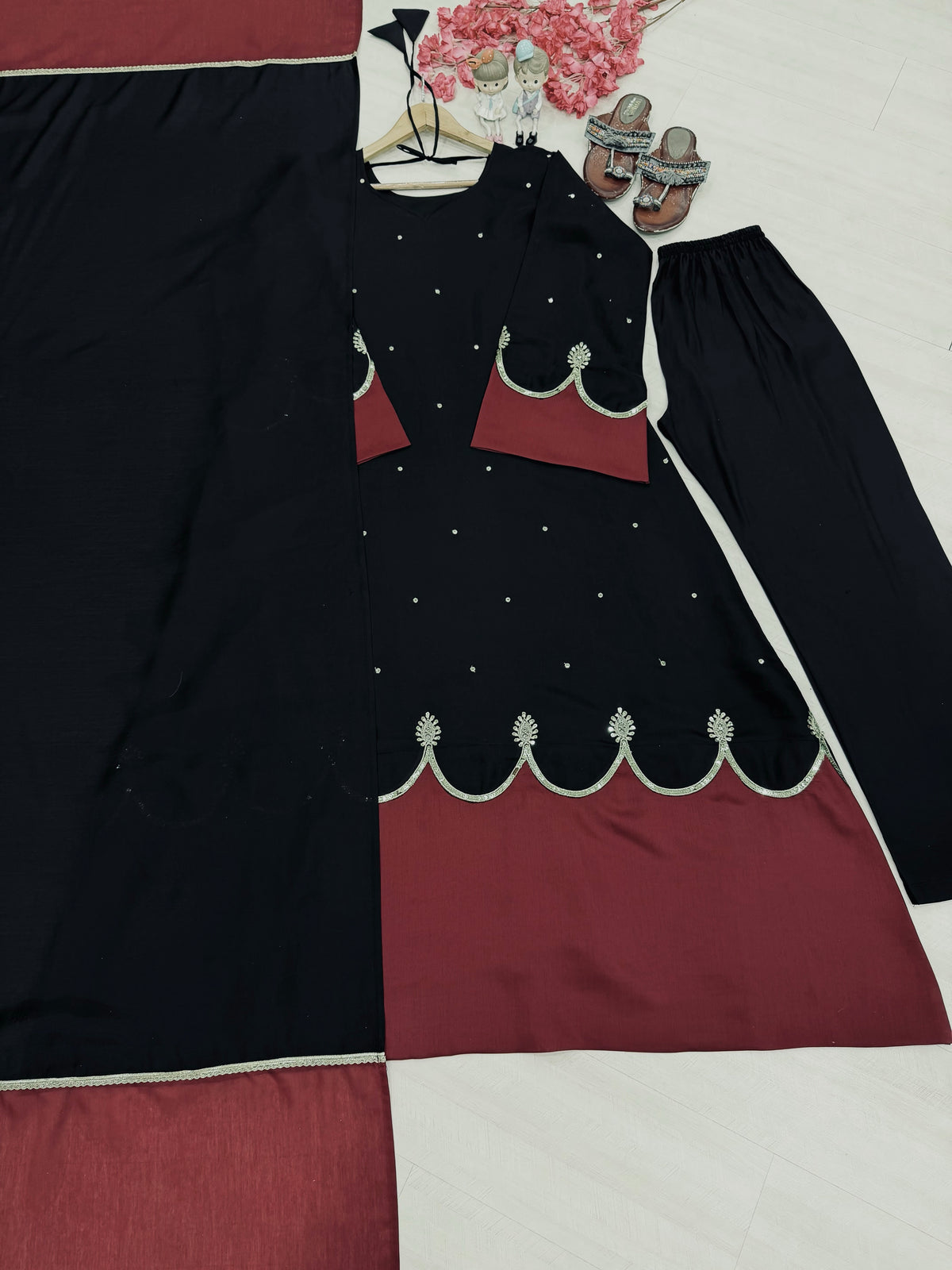 Black & Wine Maroon Roman Silk Embroidered Kaftan Palazzo Set with Dupatta