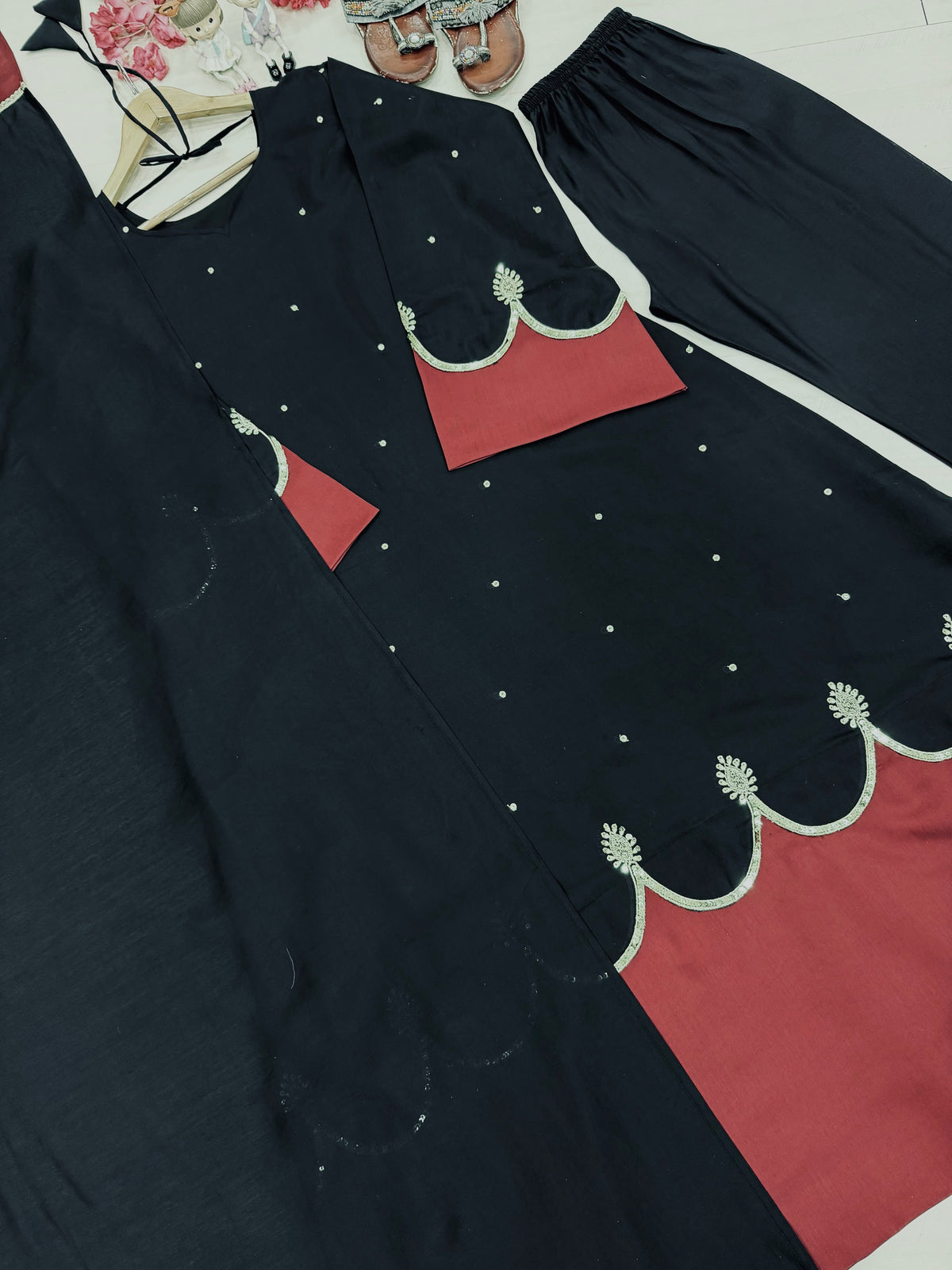 Black & Wine Maroon Roman Silk Embroidered Kaftan Palazzo Set with Dupatta