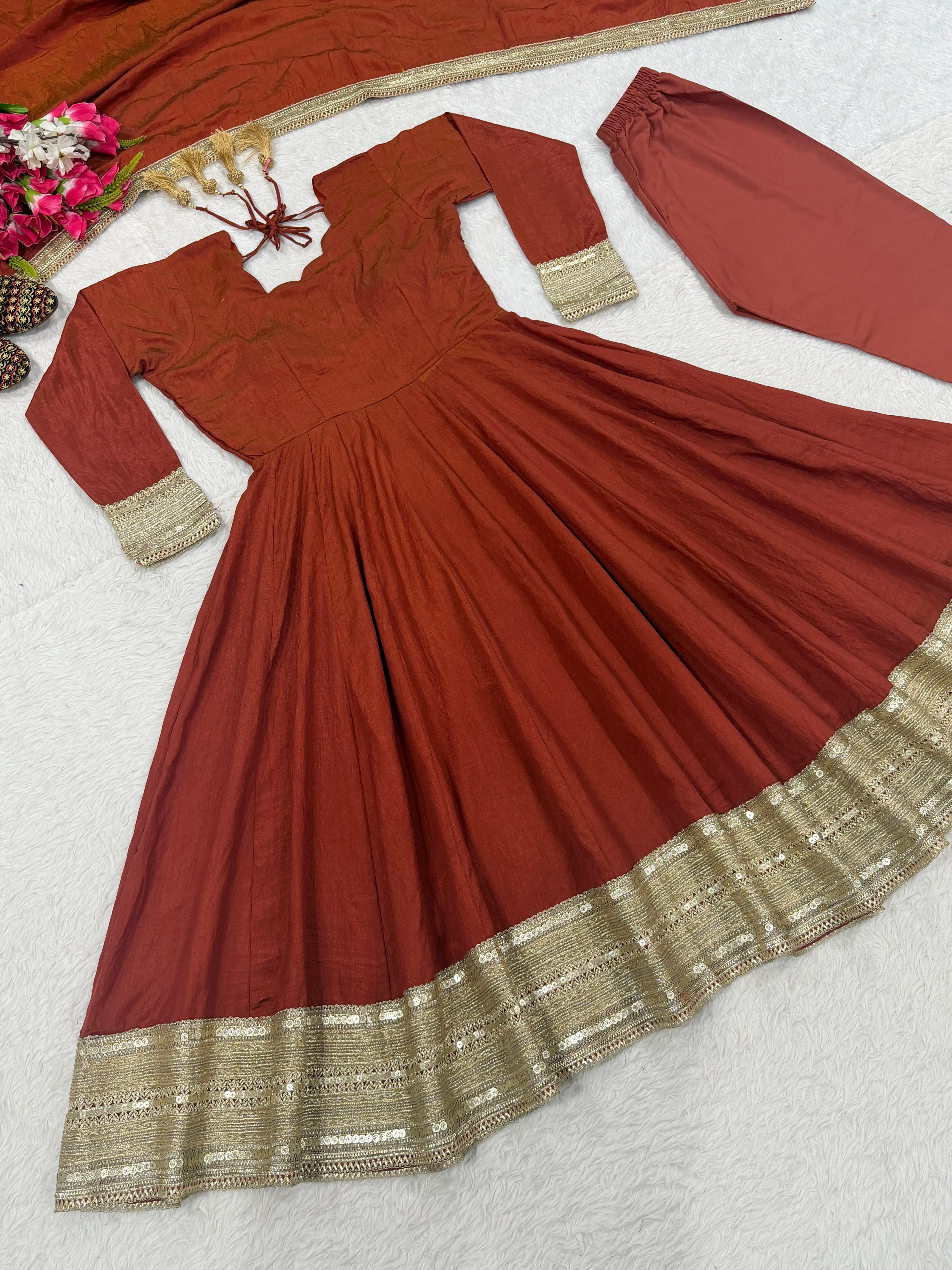 Rust Brown NC Vichitra Silk Sequins Embroidered Anarkali Suit Set with Dupatta