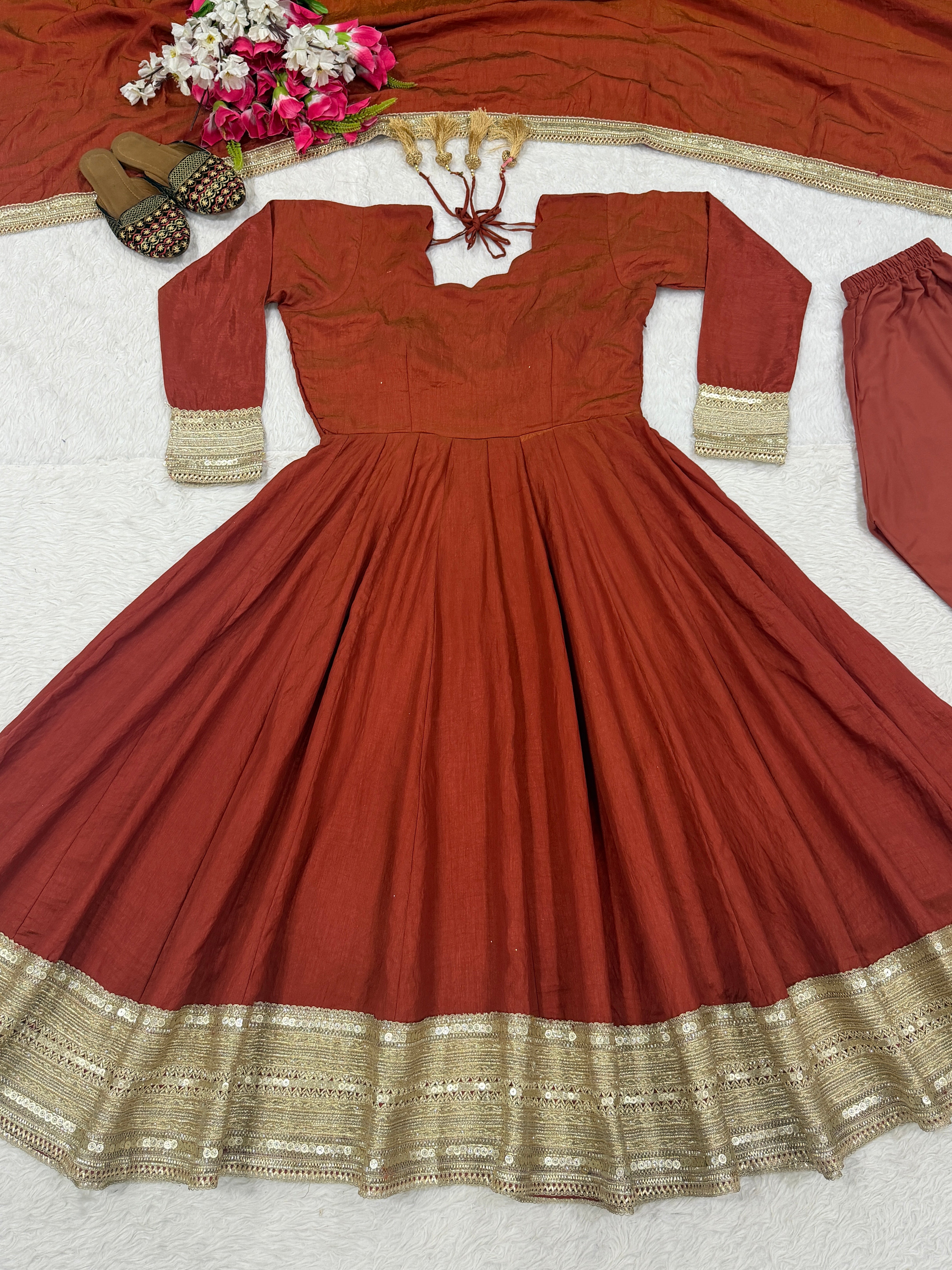 Rust Brown NC Vichitra Silk Sequins Embroidered Anarkali Suit Set with Dupatta