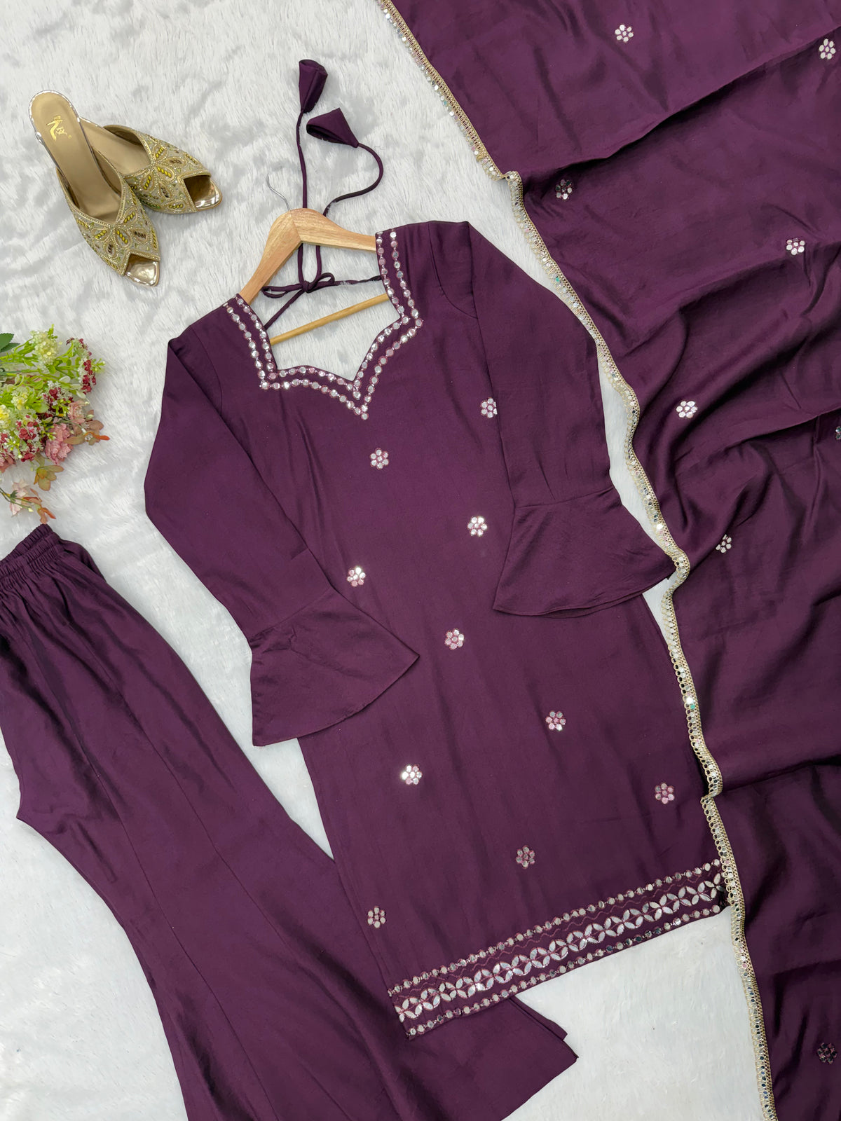 Wine Purple Roman Silk Foil Work Kurta Palazzo Set with Dupatta