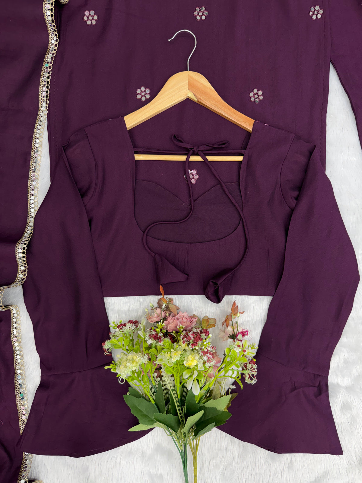 Wine Purple Roman Silk Foil Work Kurta Palazzo Set with Dupatta