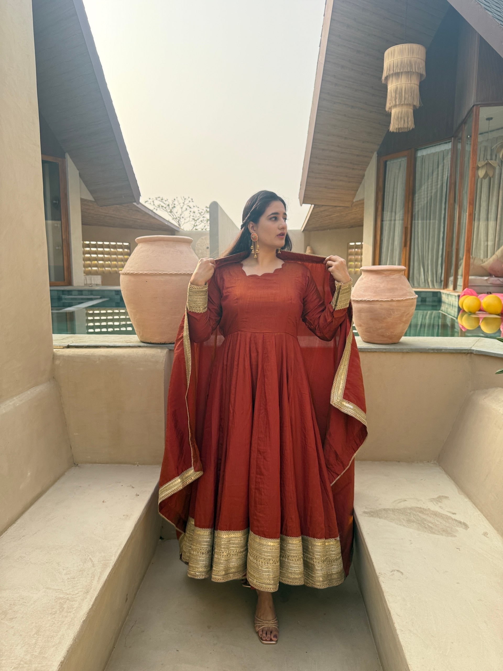 Rust Brown NC Vichitra Silk Sequins Embroidered Anarkali Suit Set with Dupatta