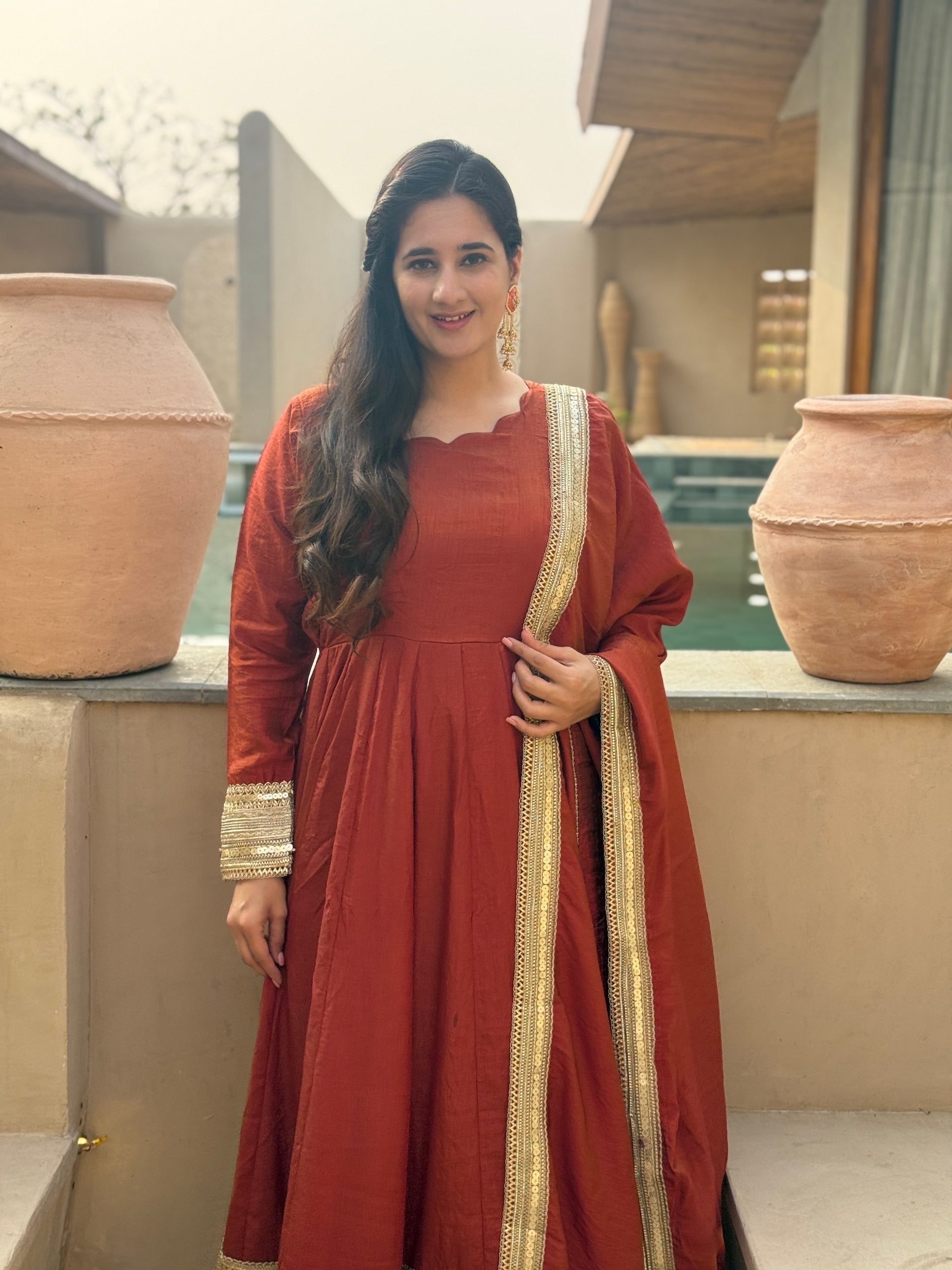 Rust Brown NC Vichitra Silk Sequins Embroidered Anarkali Suit Set with Dupatta