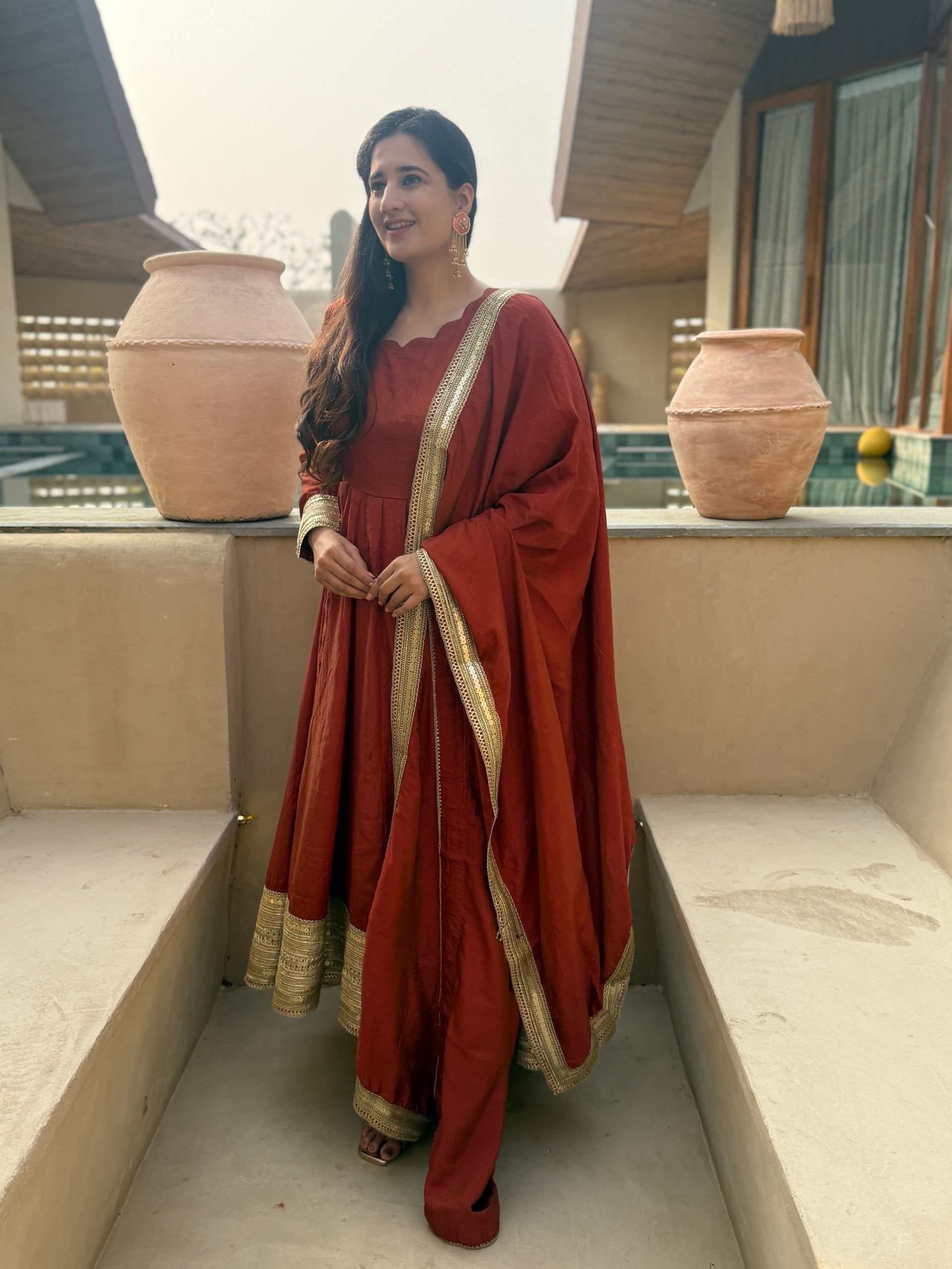 Rust Brown NC Vichitra Silk Sequins Embroidered Anarkali Suit Set with Dupatta
