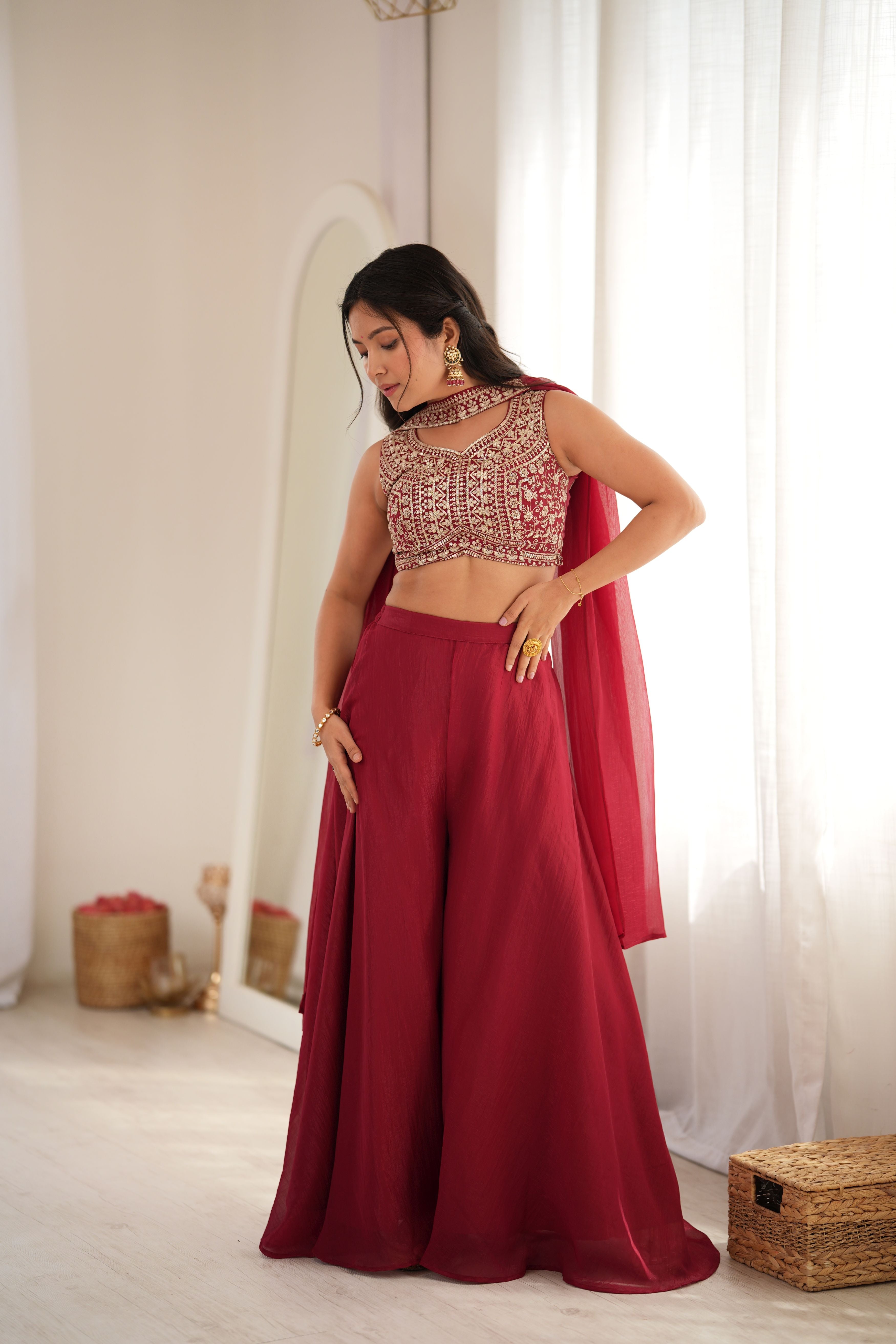 Wine Crunchy Silk Indo-Western Crop Top Palazzo Set with Embroidered Neck Dupatta | Ready to Wear
