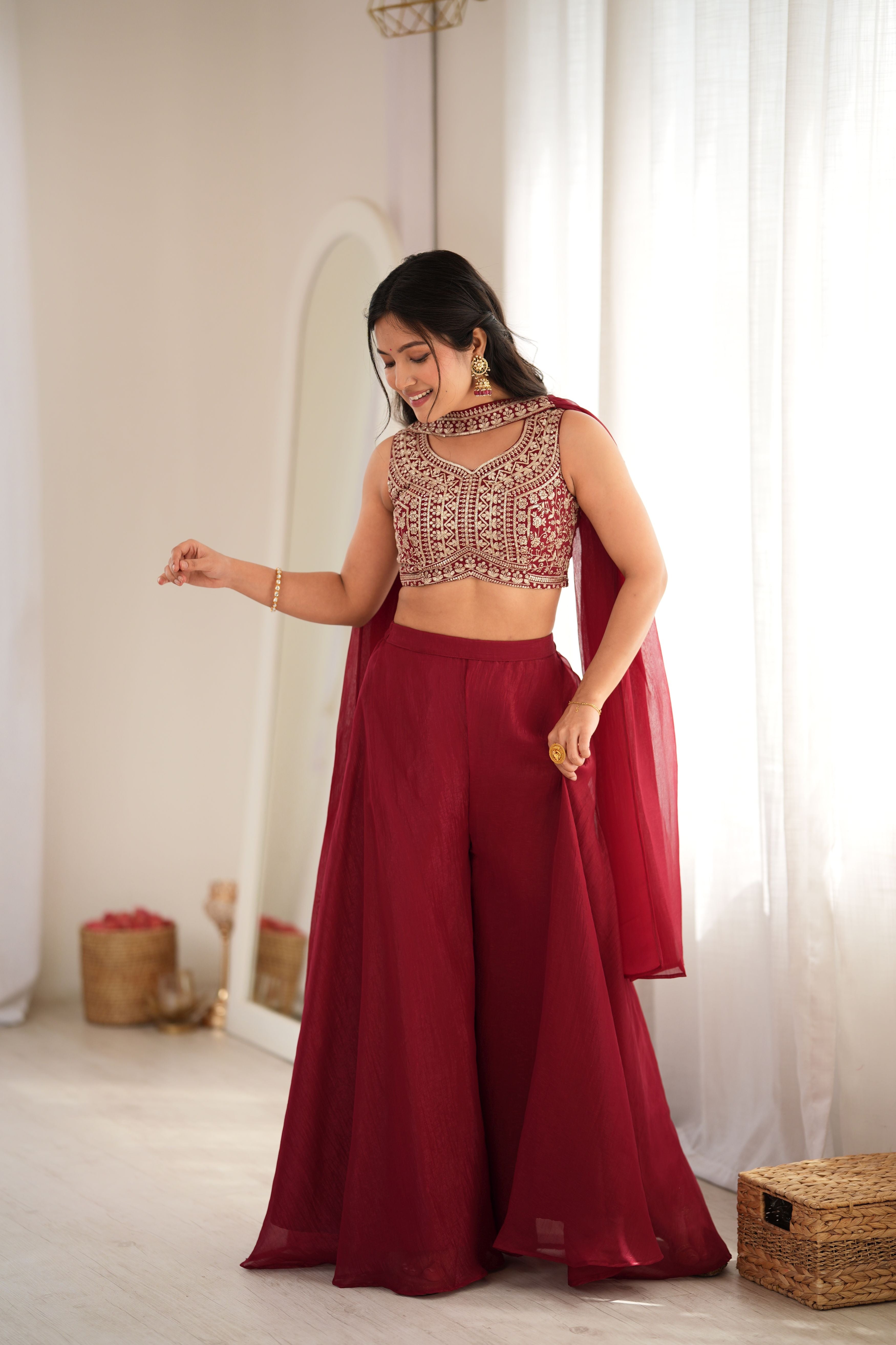 Wine Crunchy Silk Indo-Western Crop Top Palazzo Set with Embroidered Neck Dupatta | Ready to Wear