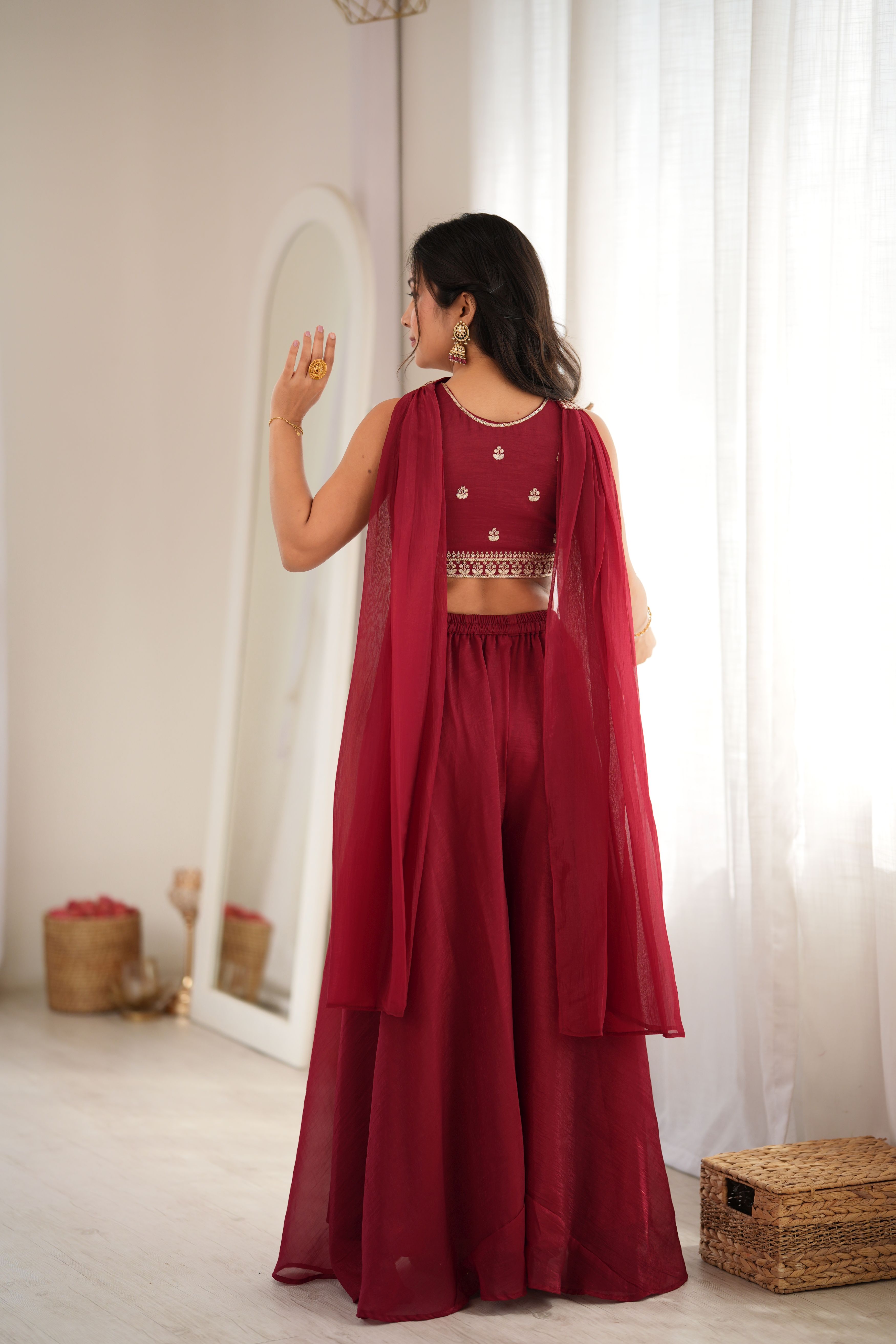 Wine Crunchy Silk Indo-Western Crop Top Palazzo Set with Embroidered Neck Dupatta | Ready to Wear