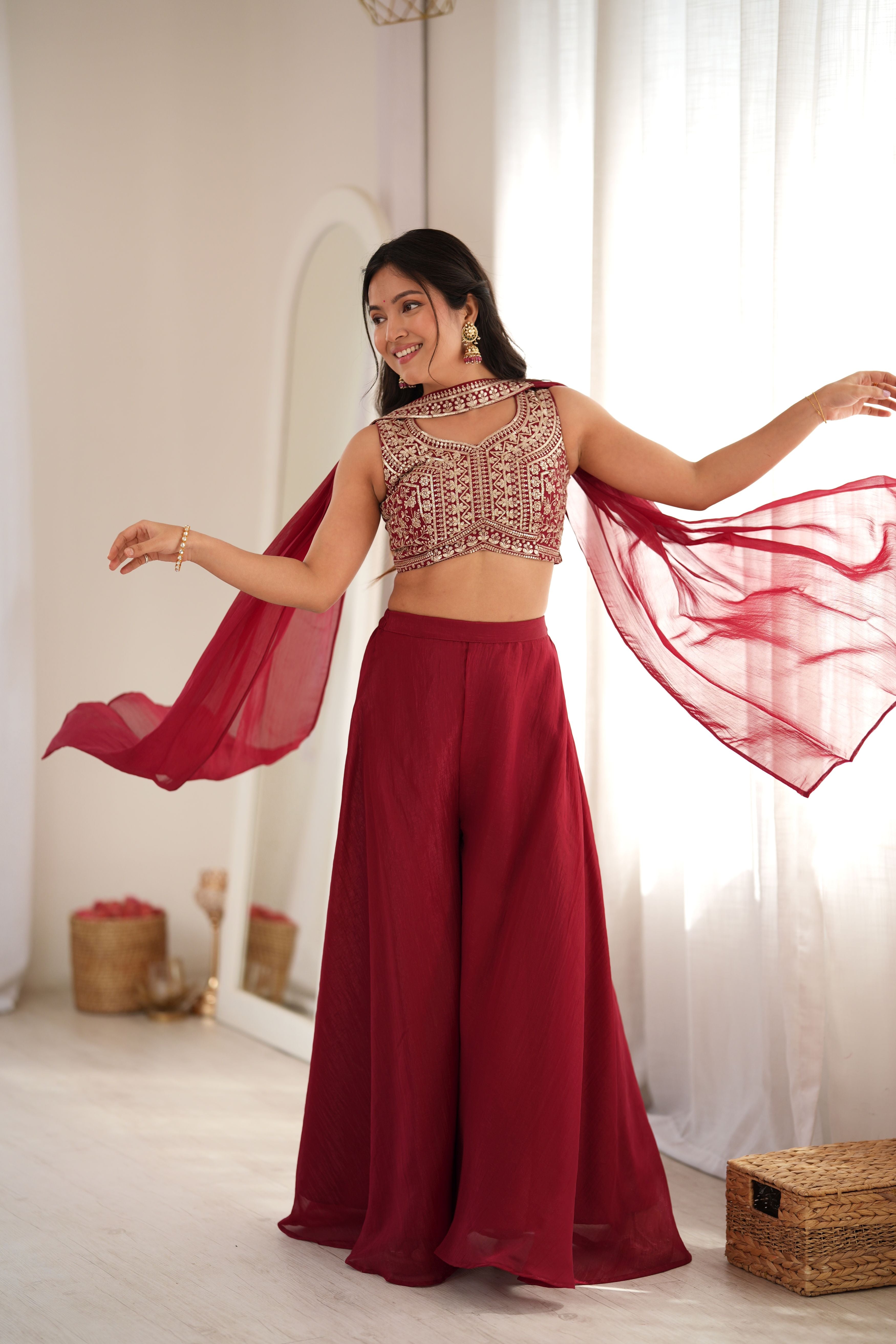 Wine Crunchy Silk Indo-Western Crop Top Palazzo Set with Embroidered Neck Dupatta | Ready to Wear
