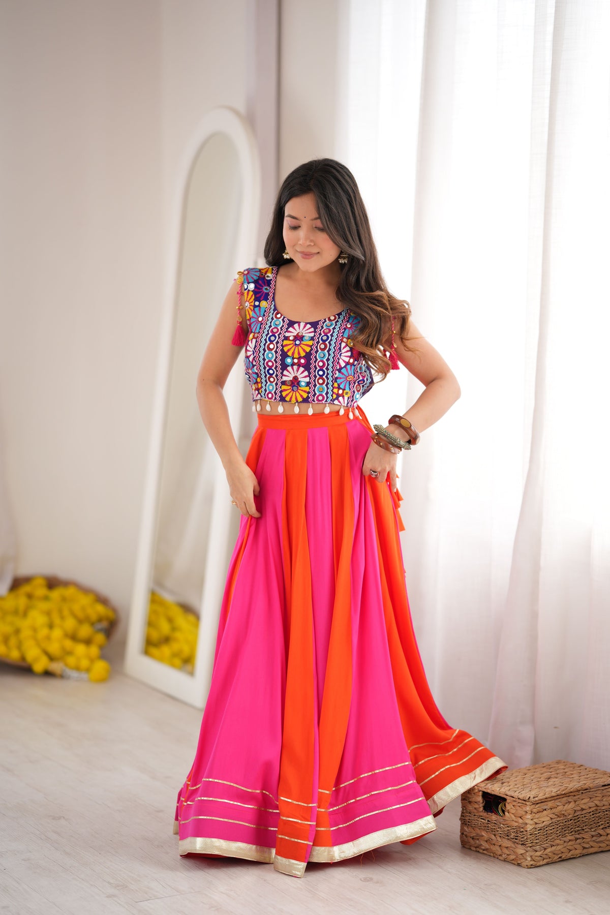 Hot Pink & Orange Multicolor Gota Patti Designer Lehenga Choli