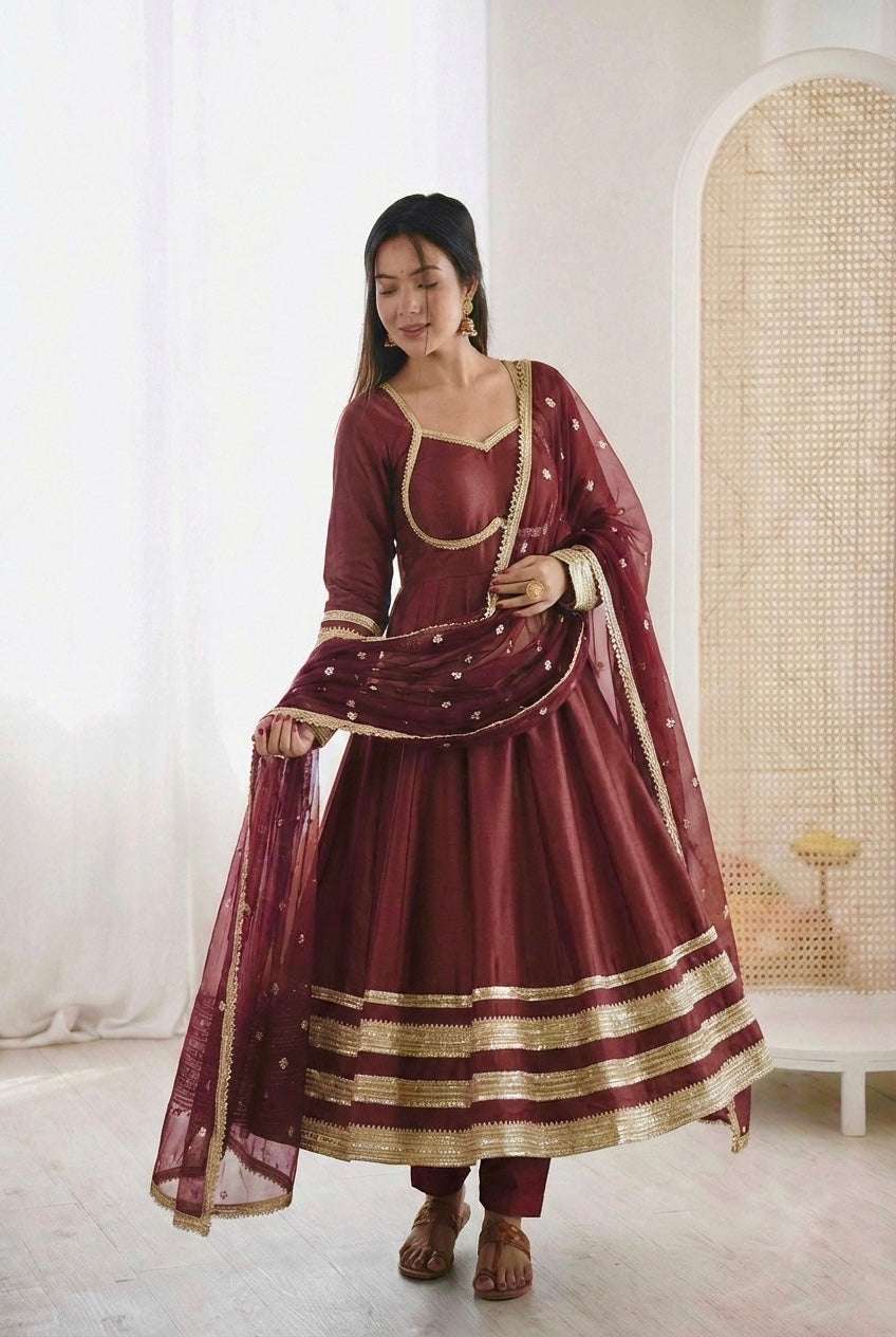 Wine Cosmos Gold Anarkali Suit Set with Heavy Lace Work & Embroidered Georgette Dupatta | Ready to Wear
