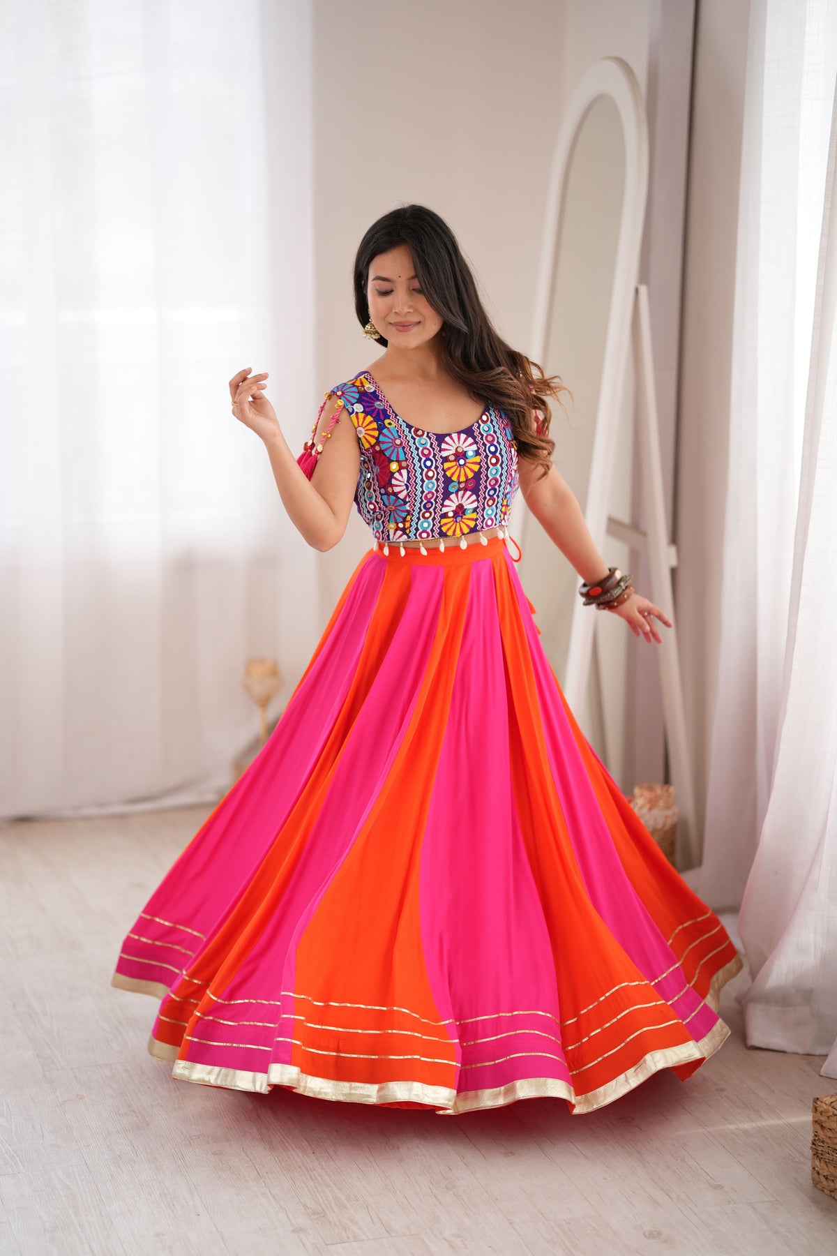 Hot Pink & Orange Multicolor Gota Patti Designer Lehenga Choli