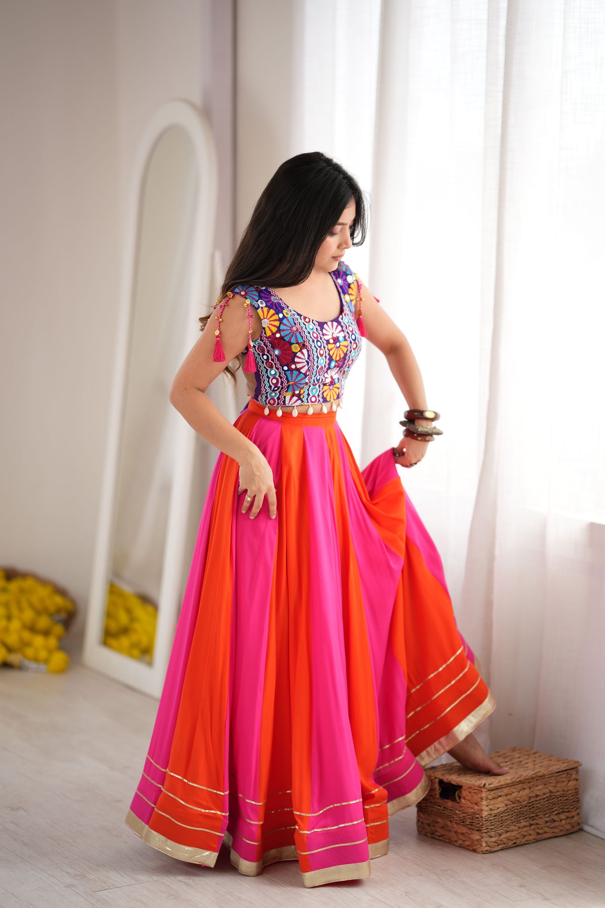 Hot Pink & Orange Multicolor Gota Patti Designer Lehenga Choli