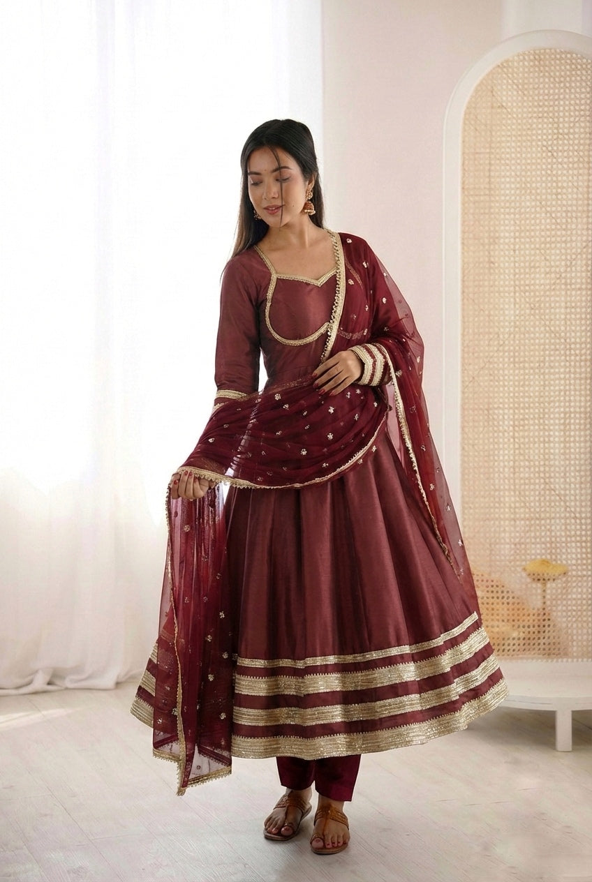 Wine Cosmos Gold Anarkali Suit Set with Heavy Lace Work & Embroidered Georgette Dupatta | Ready to Wear