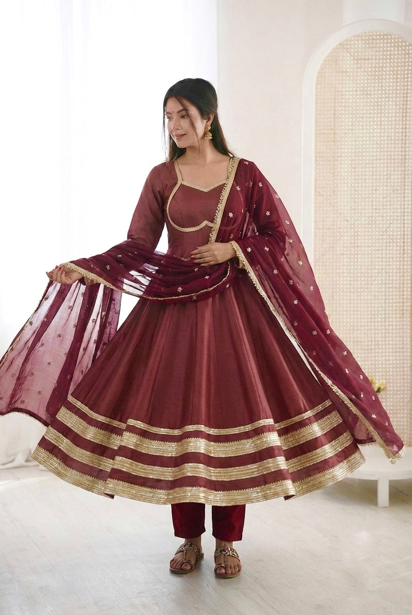 Wine Cosmos Gold Anarkali Suit Set with Heavy Lace Work & Embroidered Georgette Dupatta | Ready to Wear