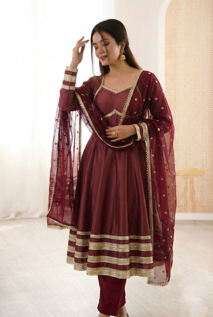 Wine Cosmos Gold Anarkali Suit Set with Heavy Lace Work & Embroidered Georgette Dupatta | Ready to Wear