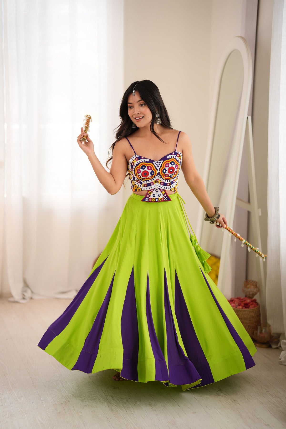 Lime Green & Purple Heavy Reyon Gota Patti Work Lehenga Choli