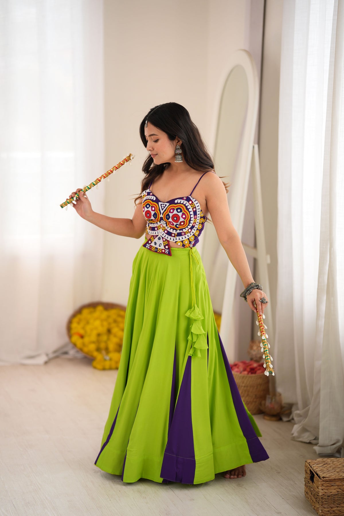 Lime Green & Purple Heavy Reyon Gota Patti Work Lehenga Choli