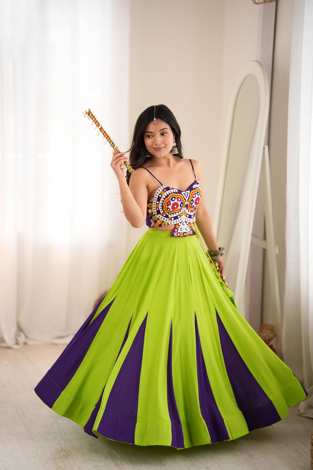 Lime Green & Purple Heavy Reyon Gota Patti Work Lehenga Choli