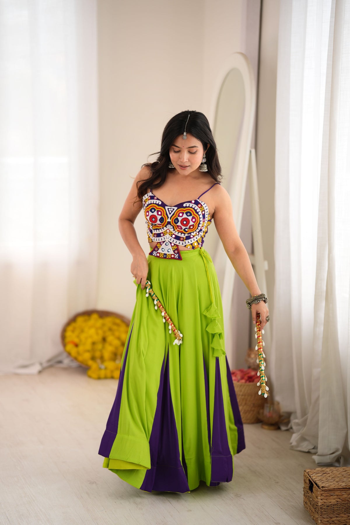 Lime Green & Purple Heavy Reyon Gota Patti Work Lehenga Choli