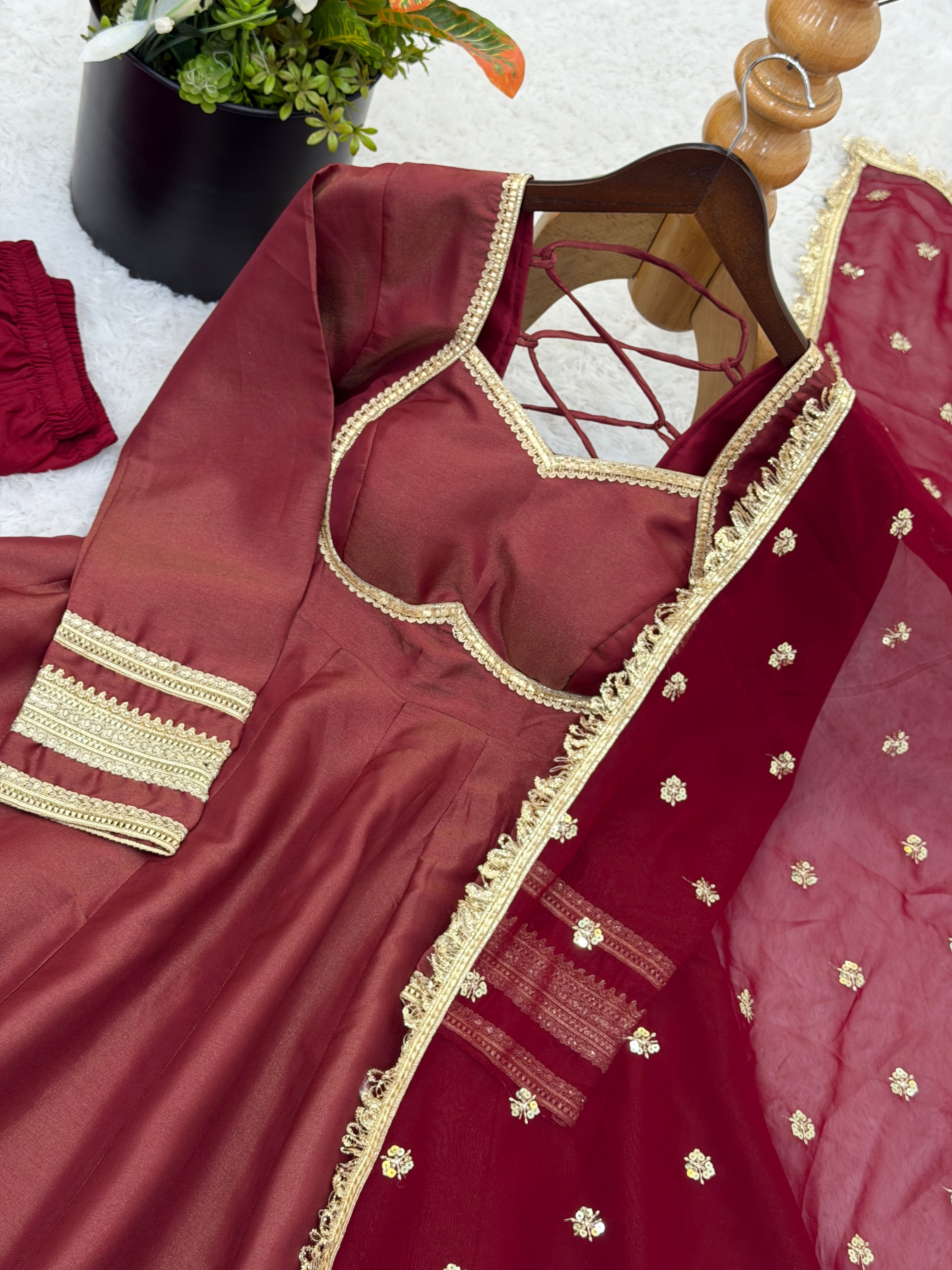 Wine Cosmos Gold Anarkali Suit Set with Heavy Lace Work & Embroidered Georgette Dupatta | Ready to Wear