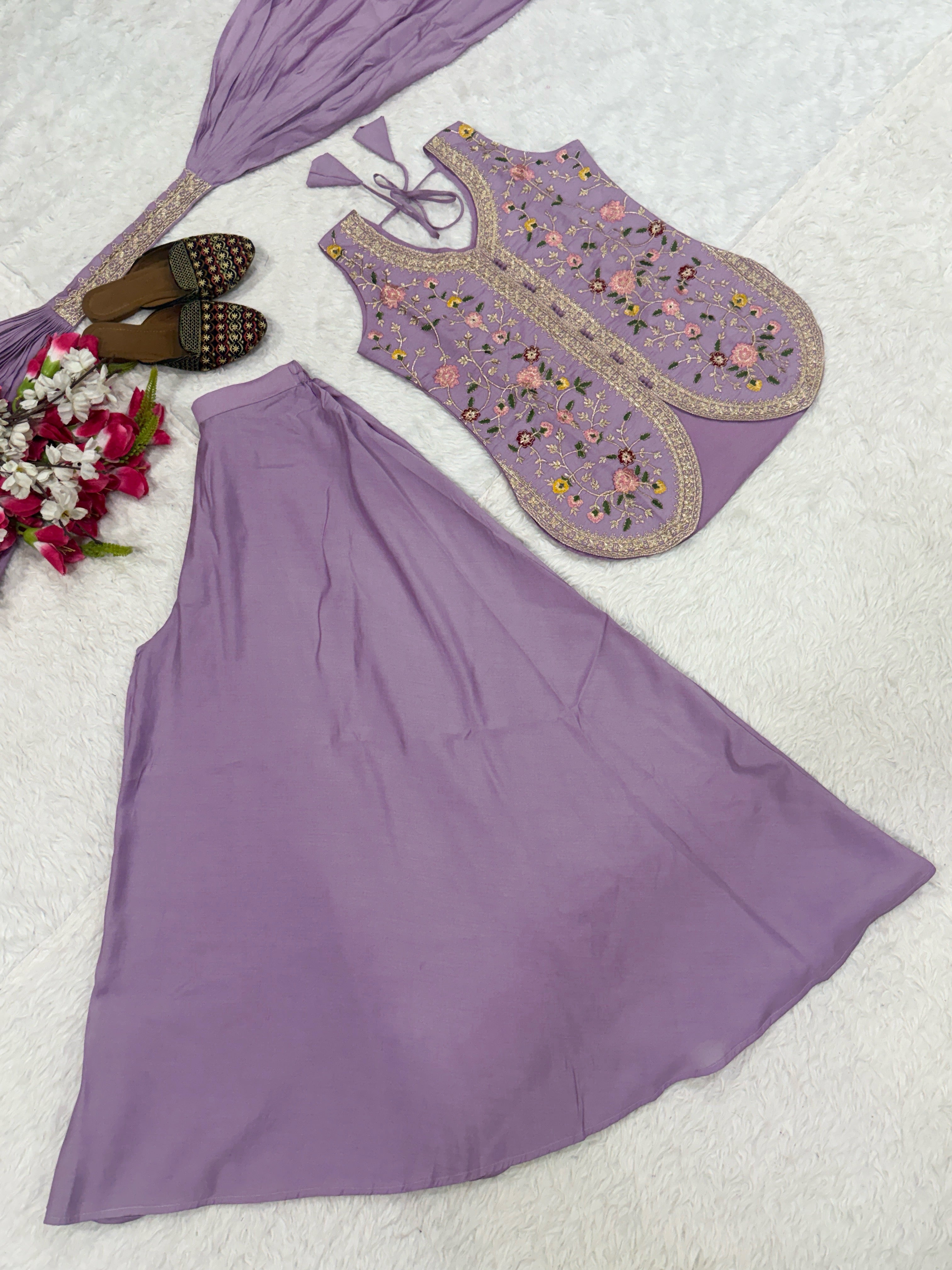 Lavender Roman Silk Embroidered Top with Sharara Palazzo & Chanderi Dupatta Set